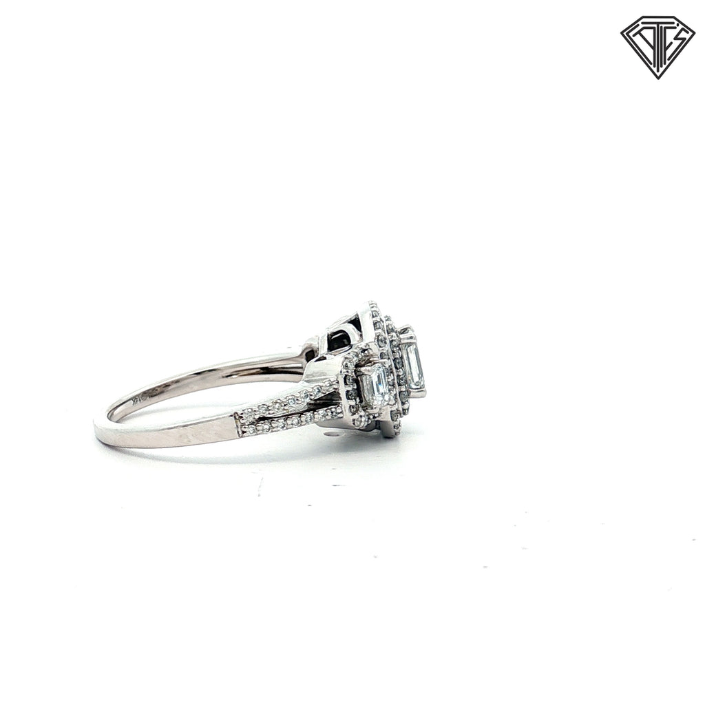 14k White Gold 1.50ct G VS2 Emerald Cut / Round Total Diamond Weight Double Halo Ring Size 7