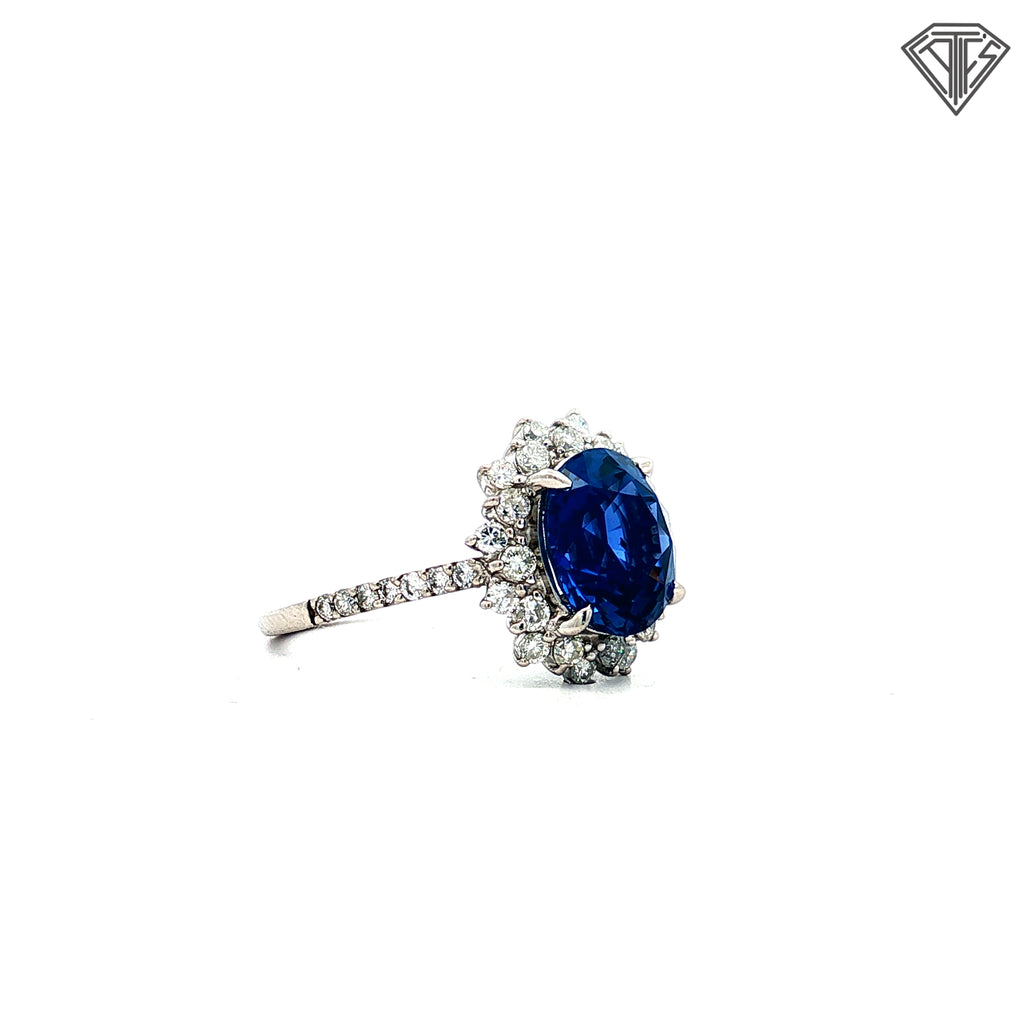 Platinum 3.50ct Oval Blue Sapphire/ .65ct G SI1 Round Diamond Ring Certified By GIA # 523841870  Size 5.5
