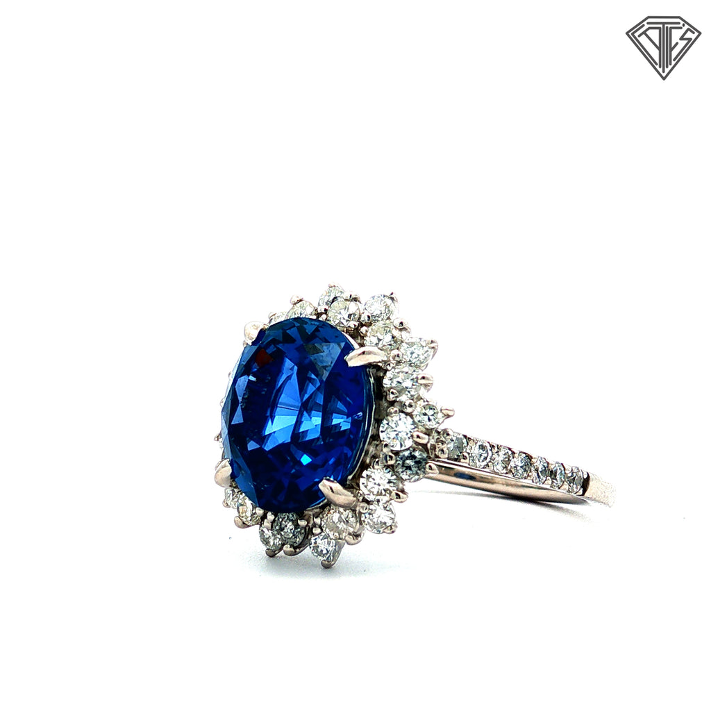 Platinum 3.50ct Oval Blue Sapphire/ .65ct G SI1 Round Diamond Ring Certified By GIA # 523841870  Size 5.5