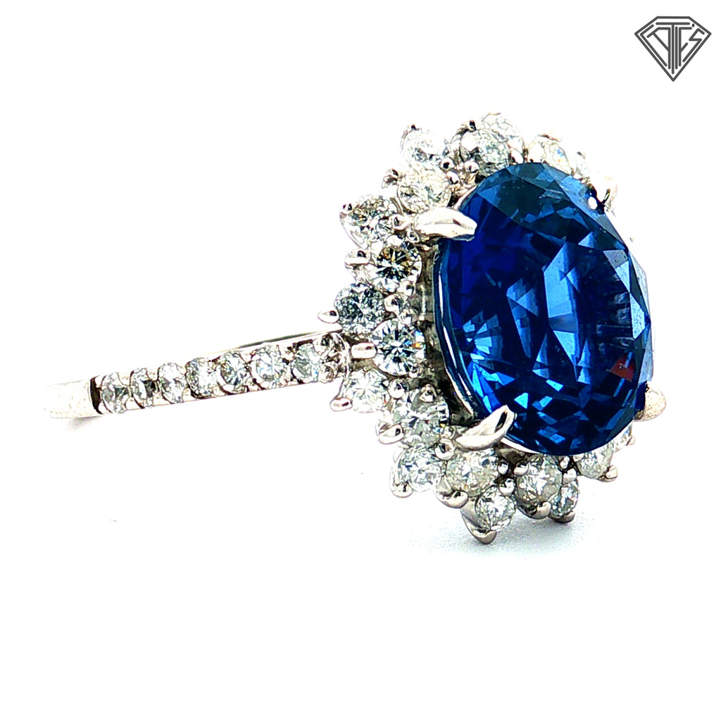 Platinum 3.50ct Oval Blue Sapphire/ .65ct G SI1 Round Diamond Ring Certified By GIA # 523841870  Size 5.5