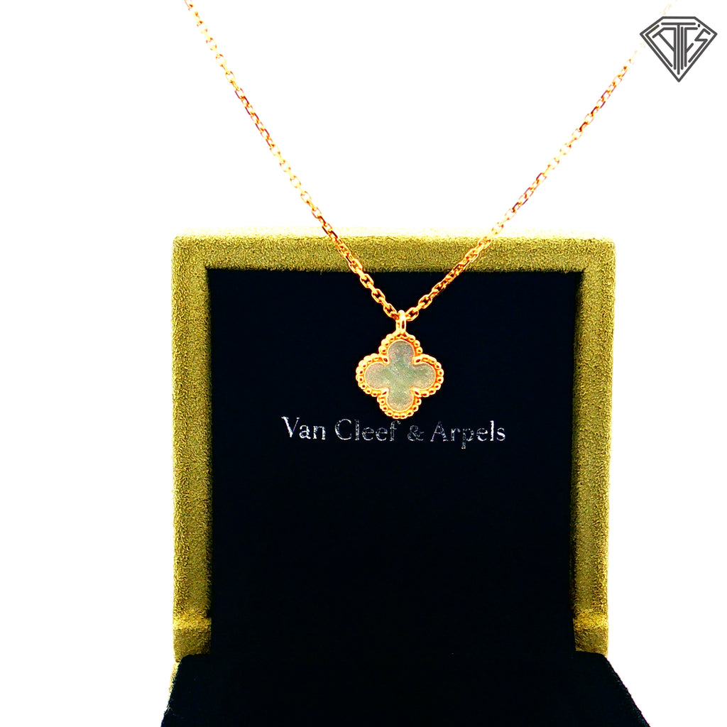 Pre-Loved 18k Yellow Gold Mother of Pearl Van Cleef & Arpeis Sweet Alhambra Pendant Necklace  15-16" inch / with Box and Paper