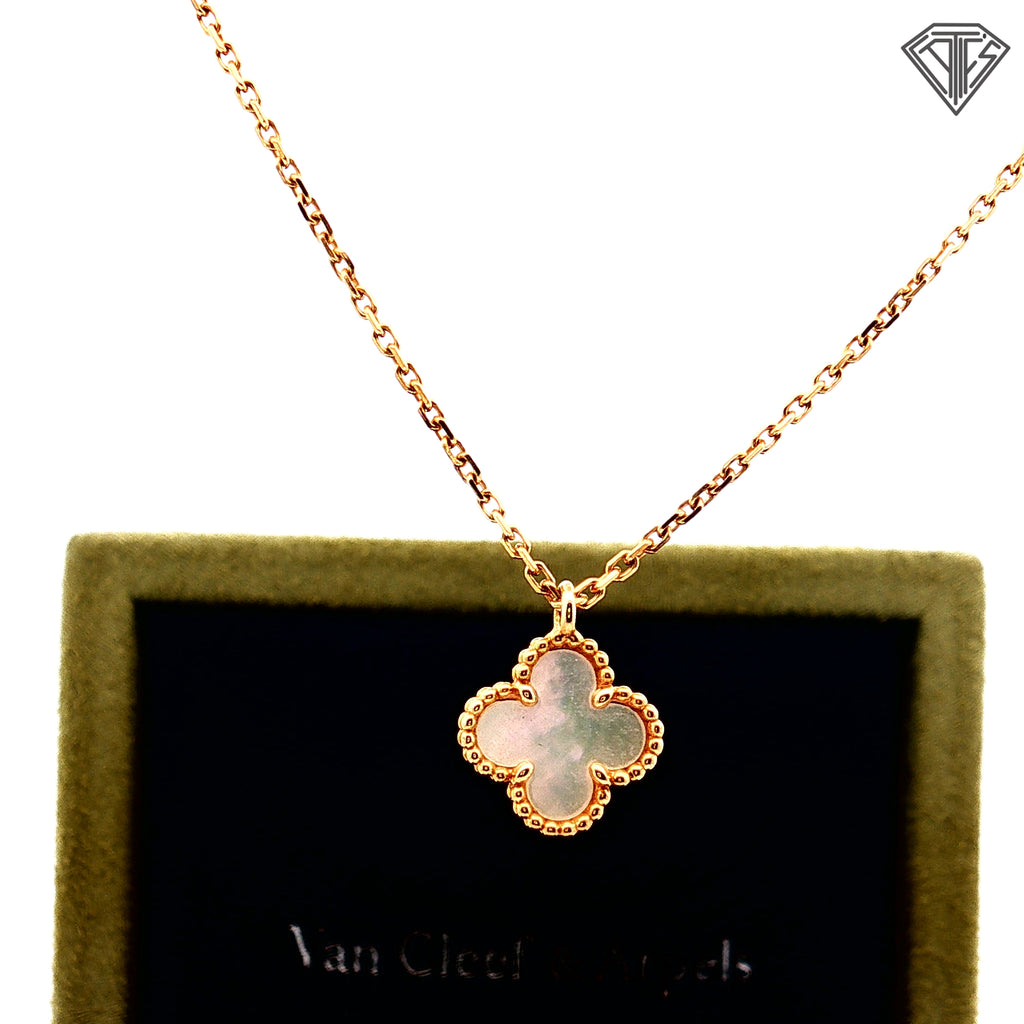 Pre-Loved 18k Yellow Gold Mother of Pearl Van Cleef & Arpeis Sweet Alhambra Pendant Necklace  15-16" inch / with Box and Paper
