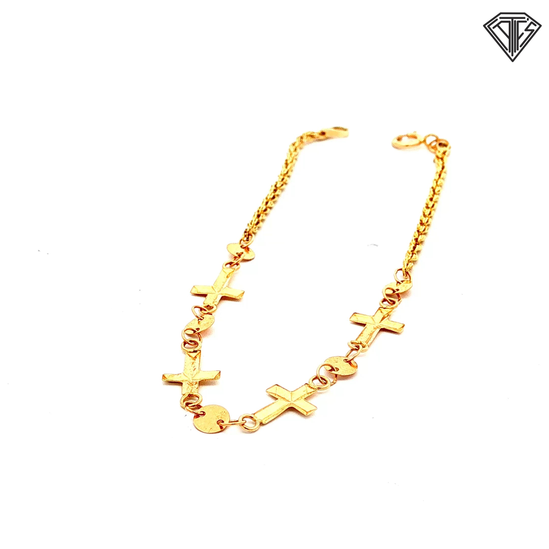 14k Yellow Gold Rope Chain Cross with Circle Connecter Bracelet 7"inch 0.9 gram