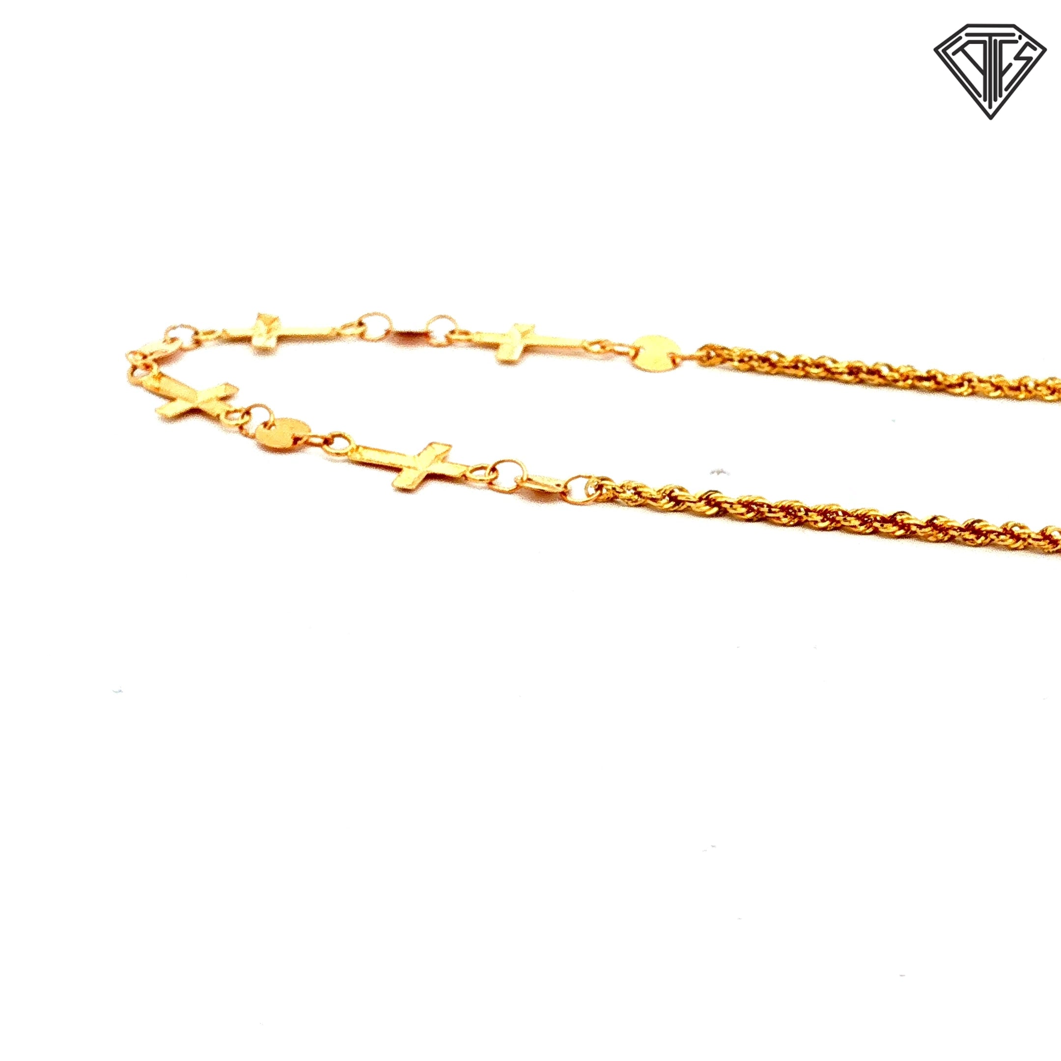 14k Yellow Gold Rope Chain Cross with Circle Connecter Bracelet 7"inch 0.9 gram