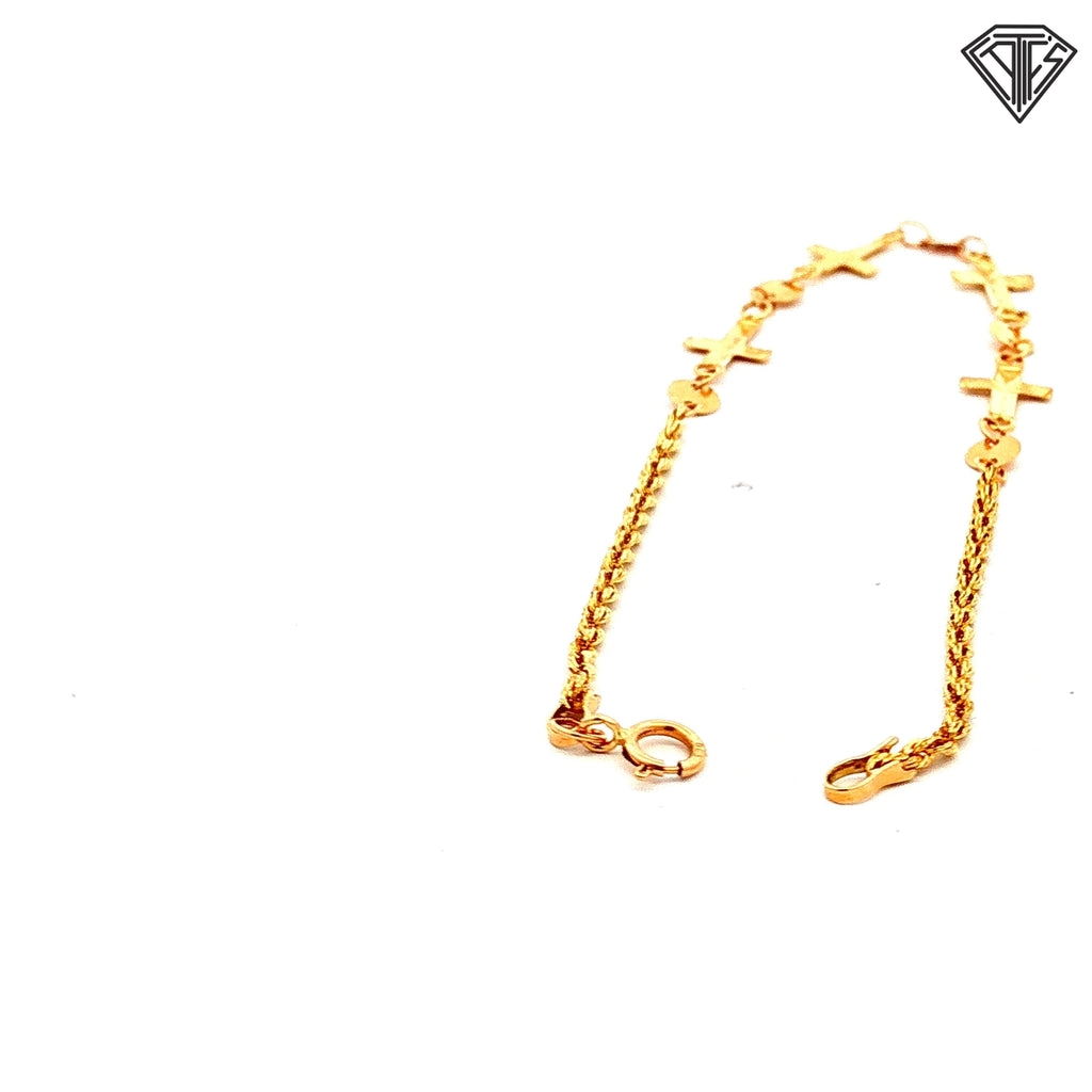 14k Yellow Gold Rope Chain Cross with Circle Connecter Bracelet 7"inch 0.9 gram