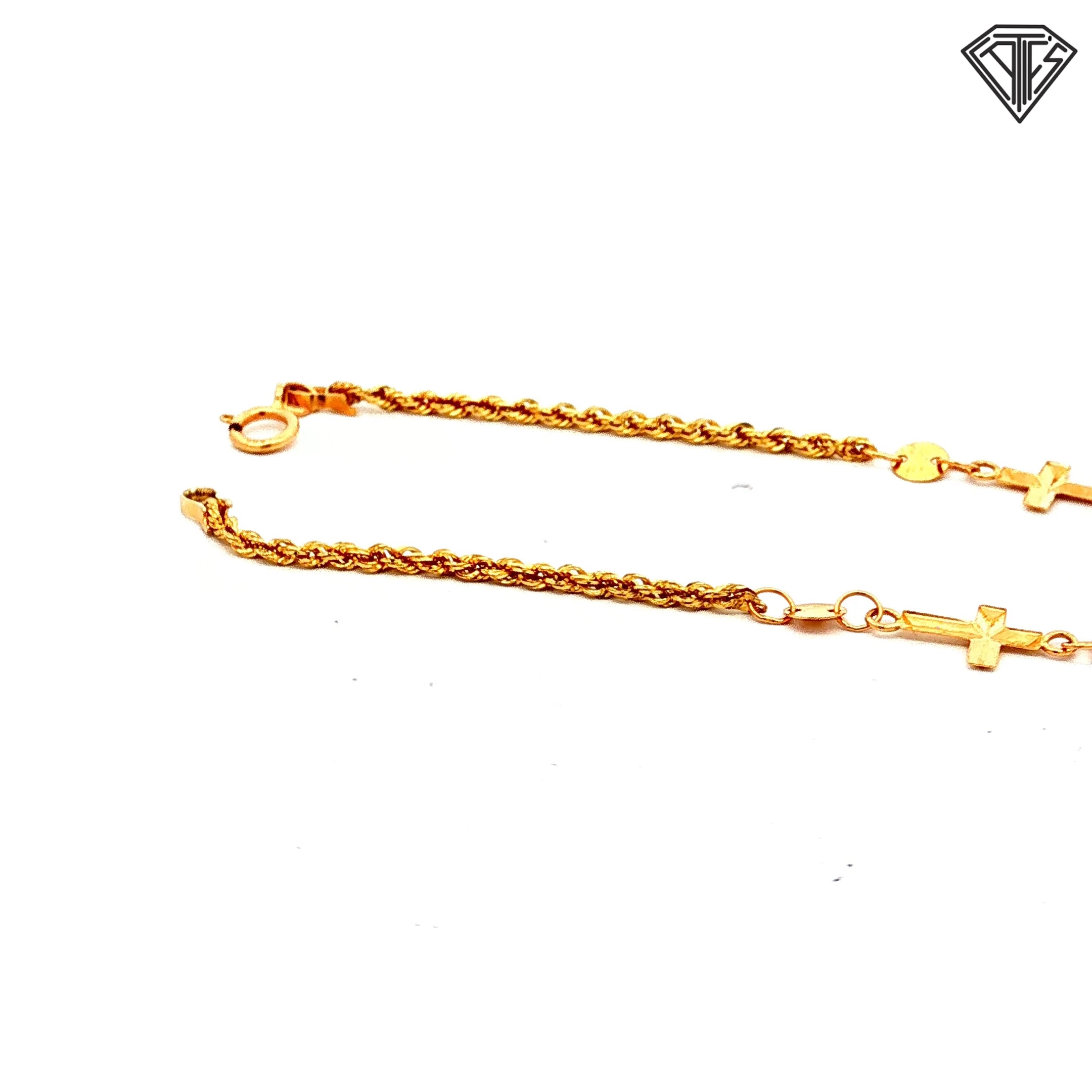 14k Yellow Gold Rope Chain Cross with Circle Connecter Bracelet 7"inch 0.9 gram