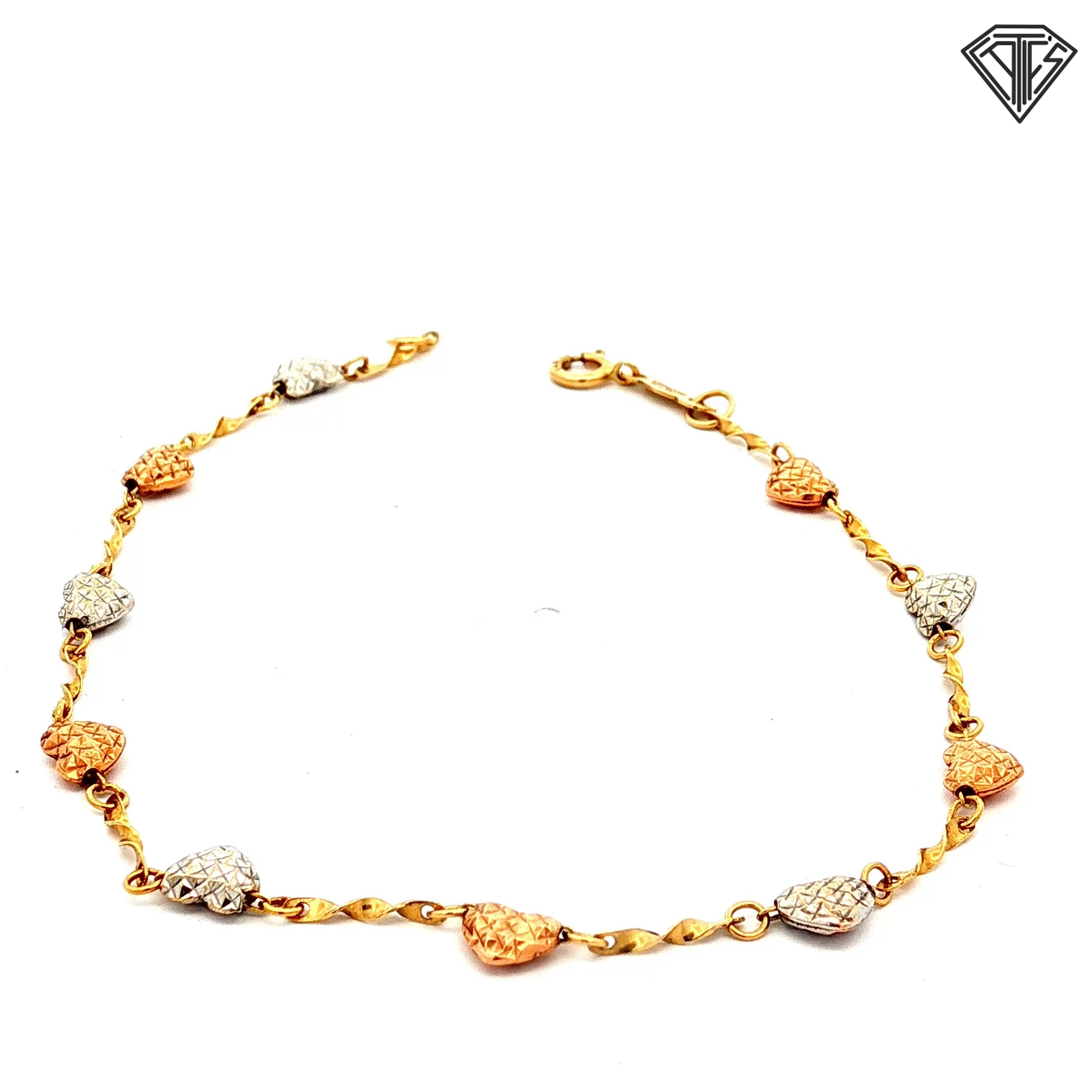 14k Tri-Color Diamond Cut Heart Bracelet 7"inch 1.7 gram