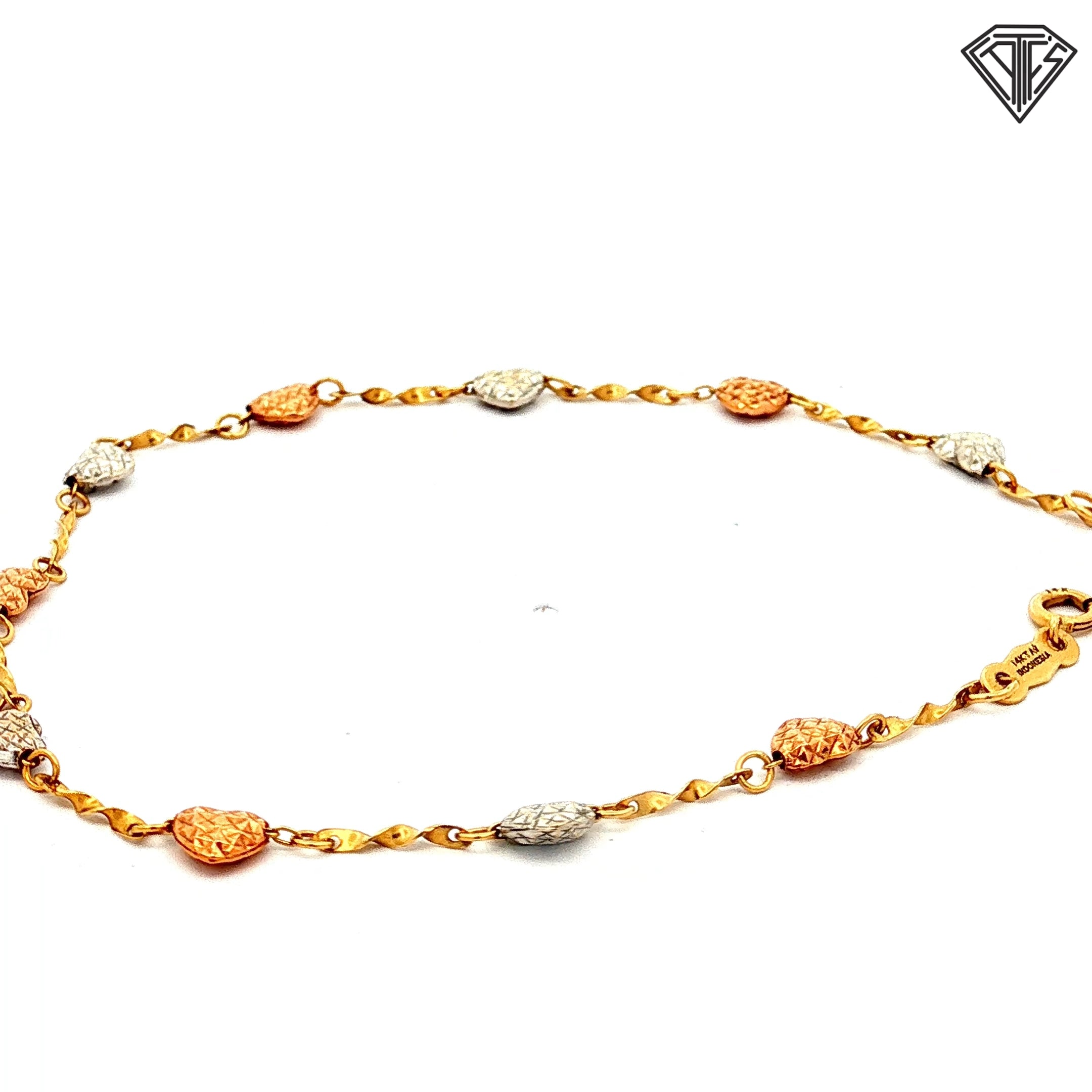 14k Tri-Color Diamond Cut Heart Bracelet 7"inch 1.5 gram