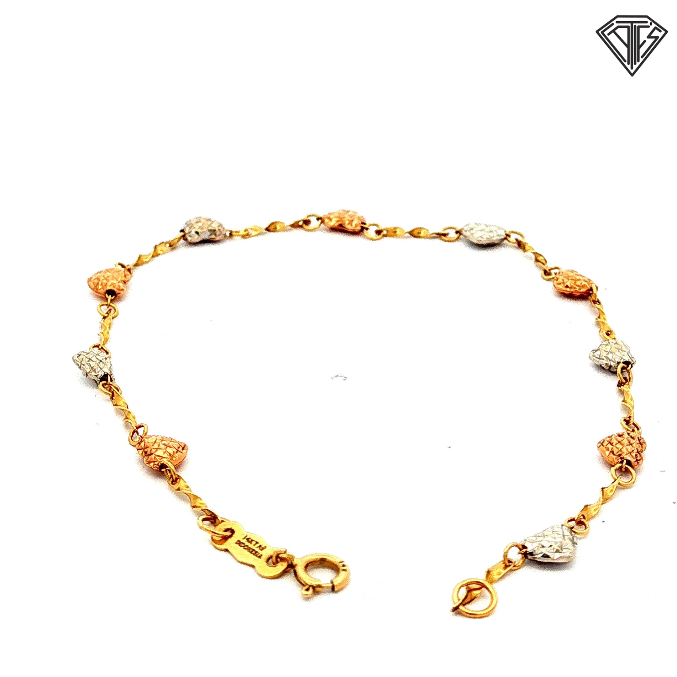 14k Tri-Color Diamond Cut Heart Bracelet 7"inch 1.7 gram