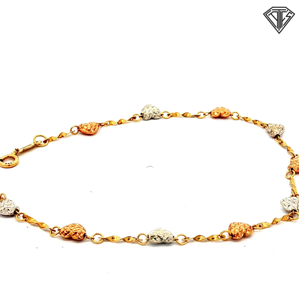 14k Tri-Color Diamond Cut Heart Bracelet 7"inch 1.5 gram