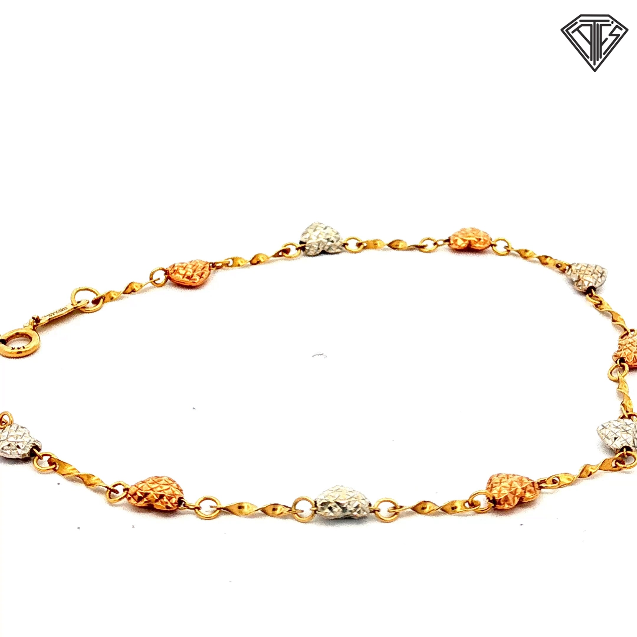 14k Tri-Color Diamond Cut Heart Bracelet 7"inch 1.5 gram
