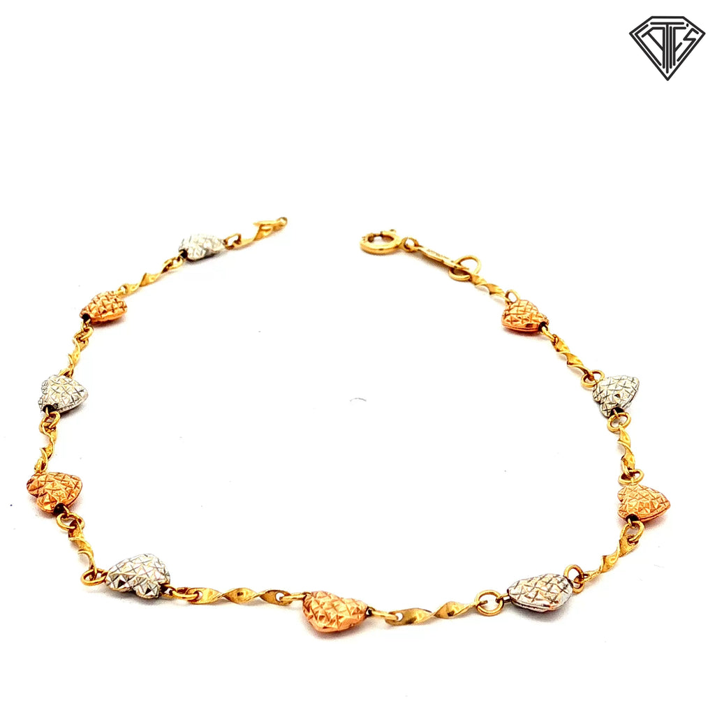 14k Tri-Color Diamond Cut Heart Bracelet 7"inch 1.5 gram