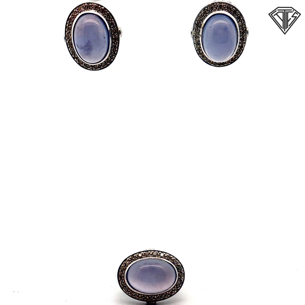 18k White Gold .80ct G SI1 Round Diamond and Oval Chalcedony Earrings and Ring Size 6.5