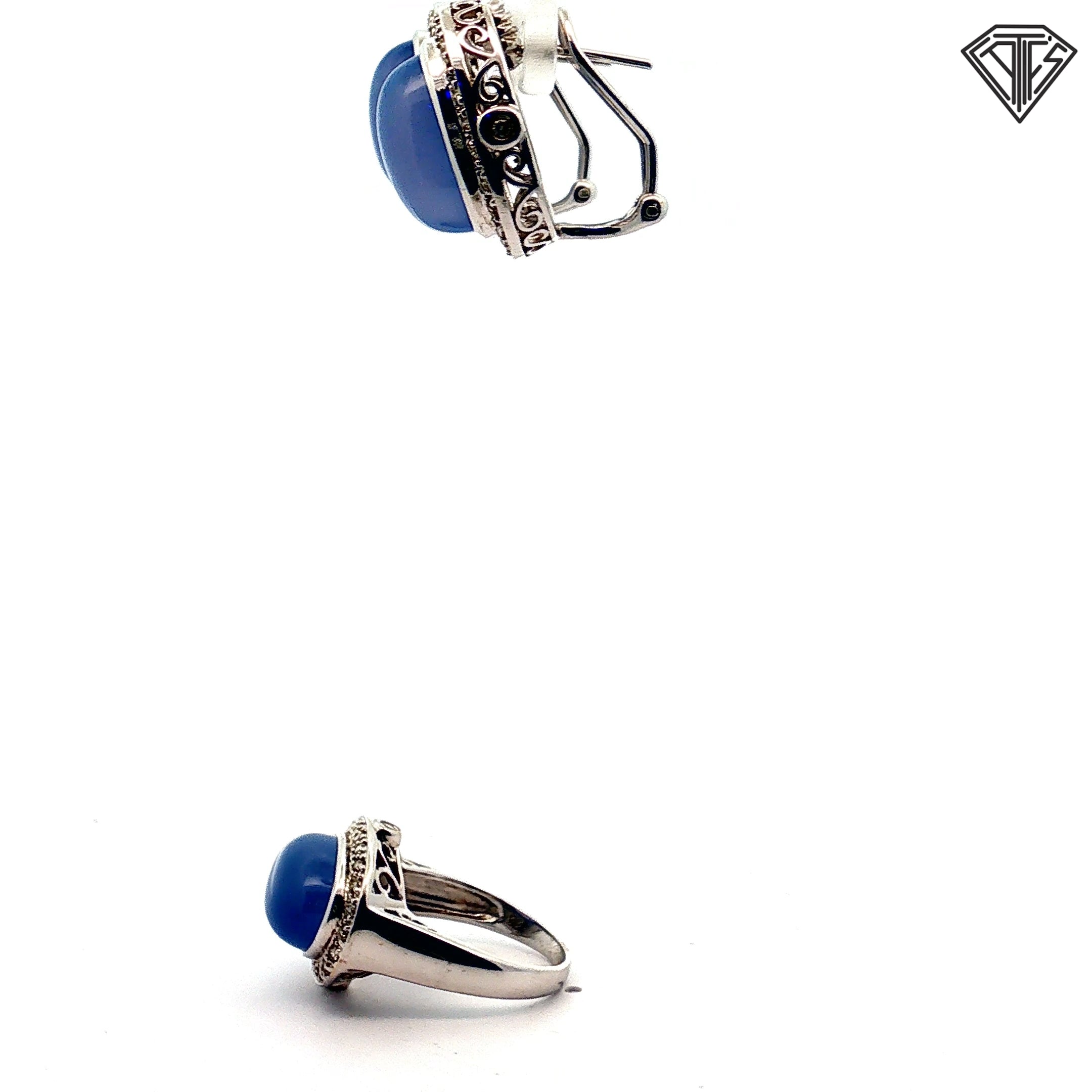 18k White Gold .80ct G SI1 Round Diamond and Oval Chalcedony Earrings and Ring Size 6.5