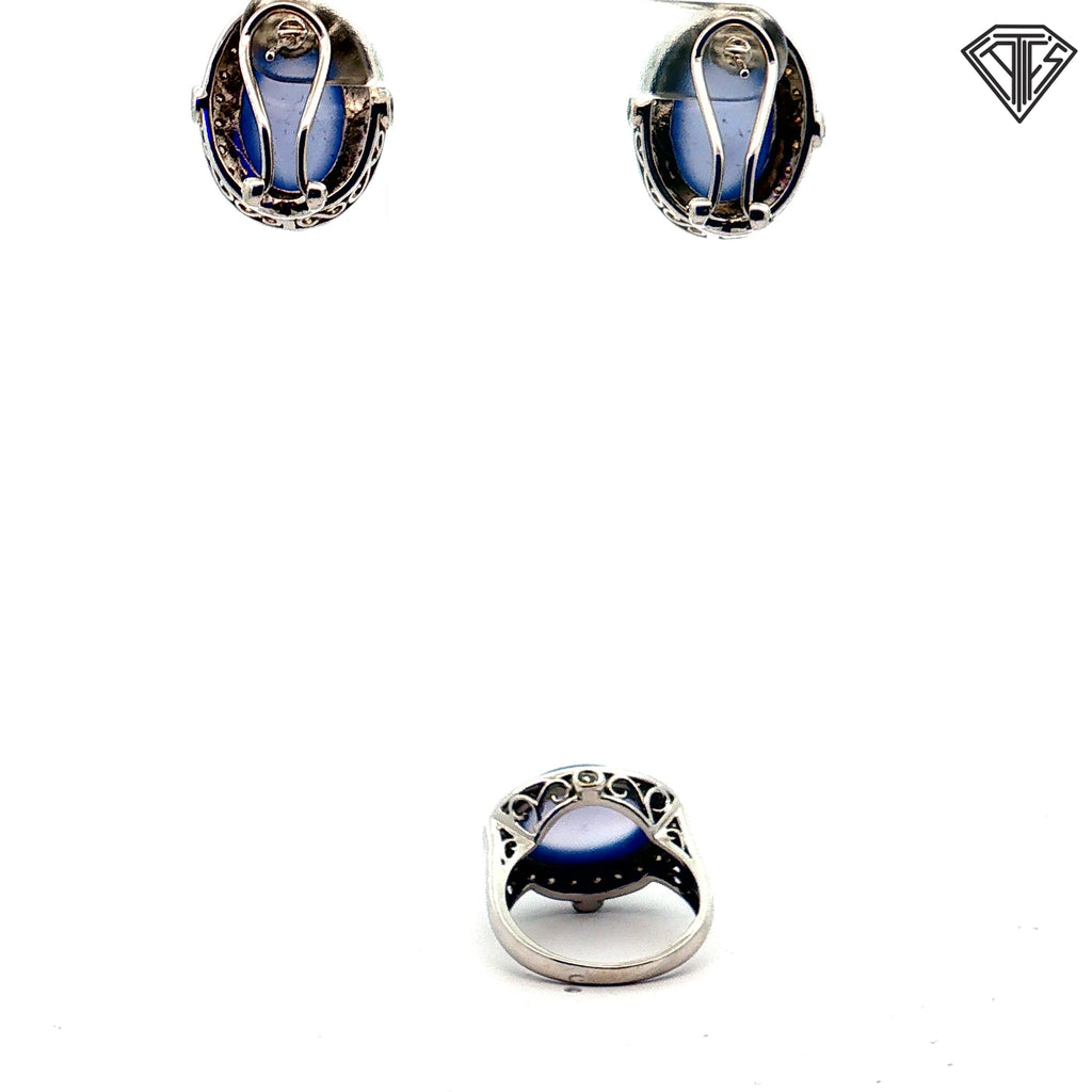 18k White Gold .80ct G SI1 Round Diamond and Oval Chalcedony Earrings and Ring Size 6.5