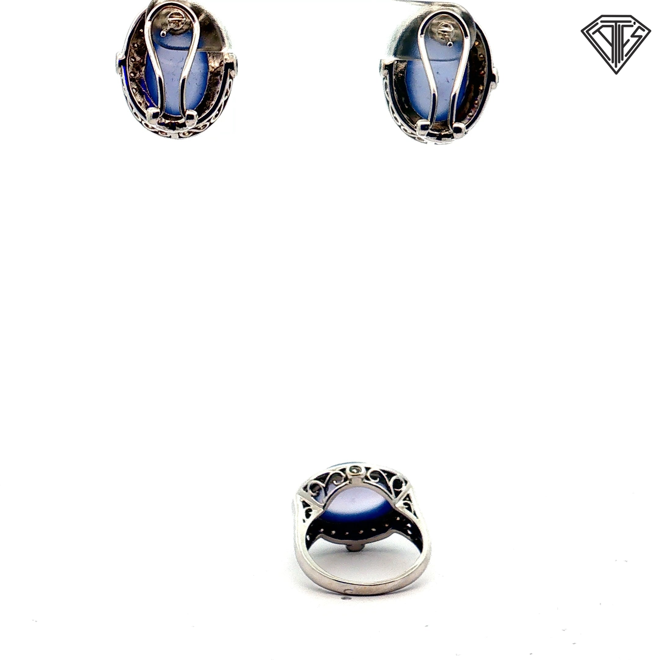 18k White Gold .80ct G SI1 Round Diamond and Oval Chalcedony Earrings and Ring Size 6.5