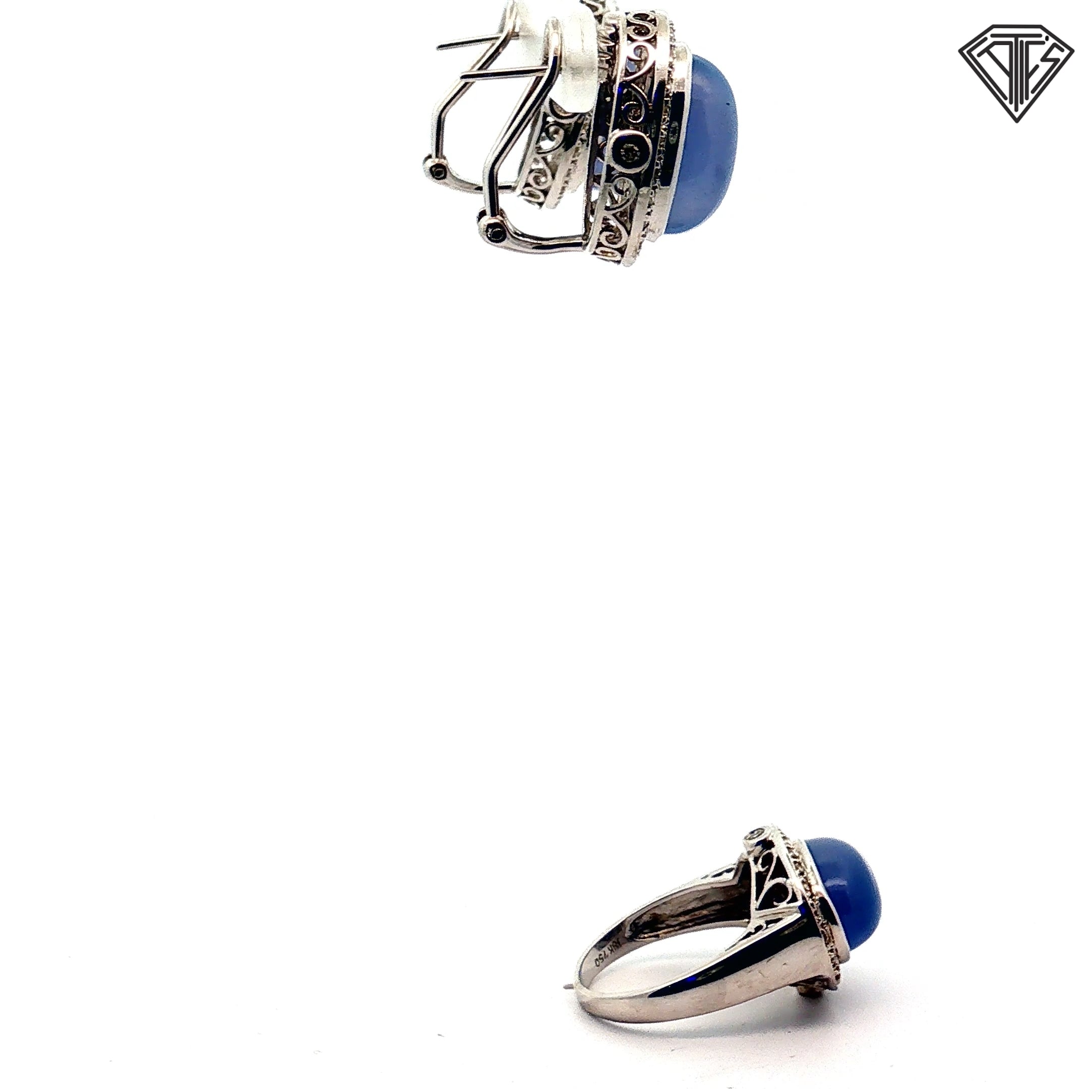 18k White Gold .80ct G SI1 Round Diamond and Oval Chalcedony Earrings and Ring Size 6.5