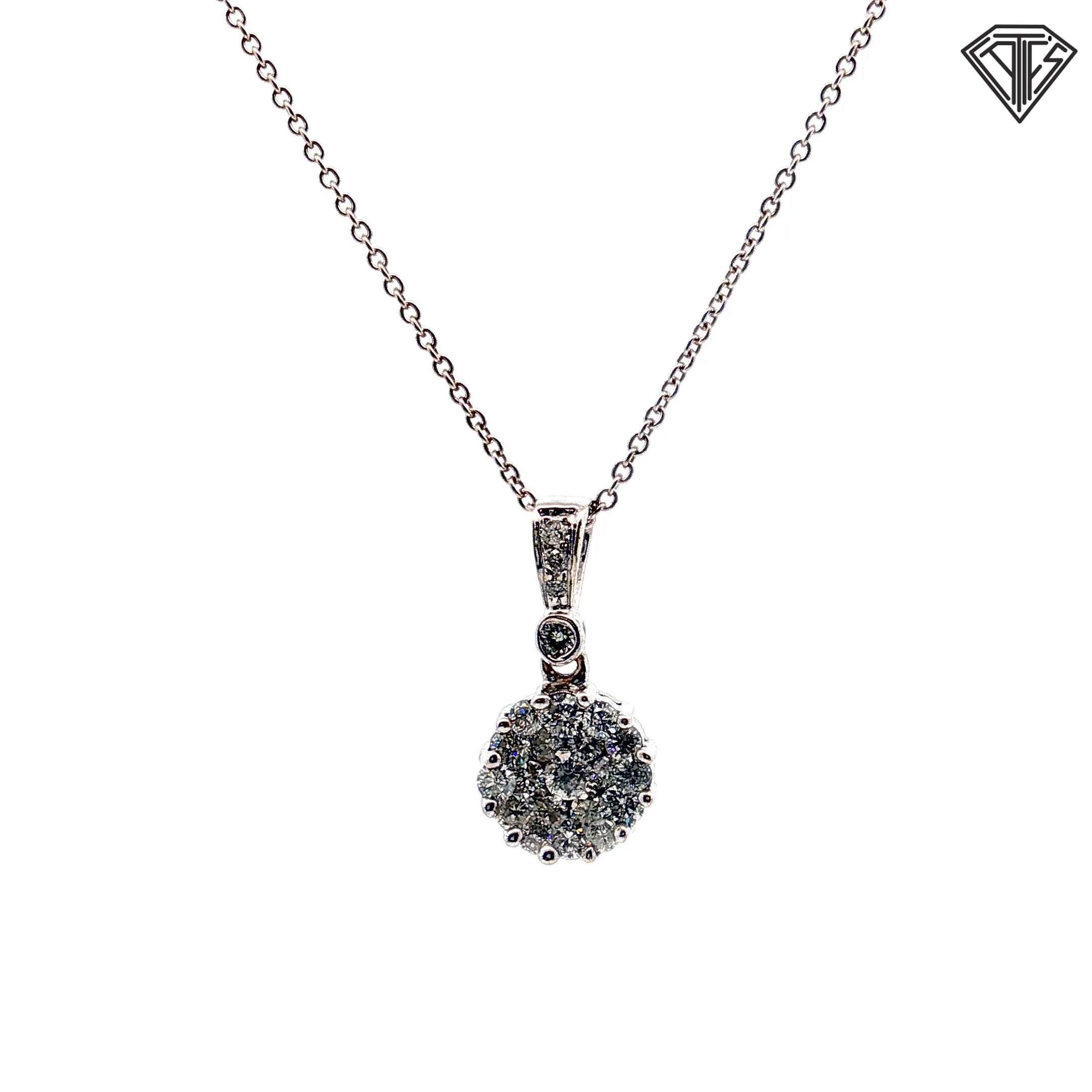 14k White Gold .75ct F SI1 Round Diamond Cluster Pendant 18"inch