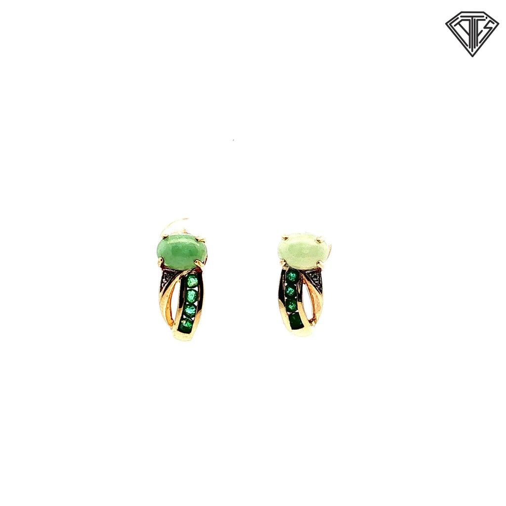 14k Yellow Gold .25ct Channel Set  Round Emerald/ 6x4 Oval Jade and Round Diamond Accent Earrings