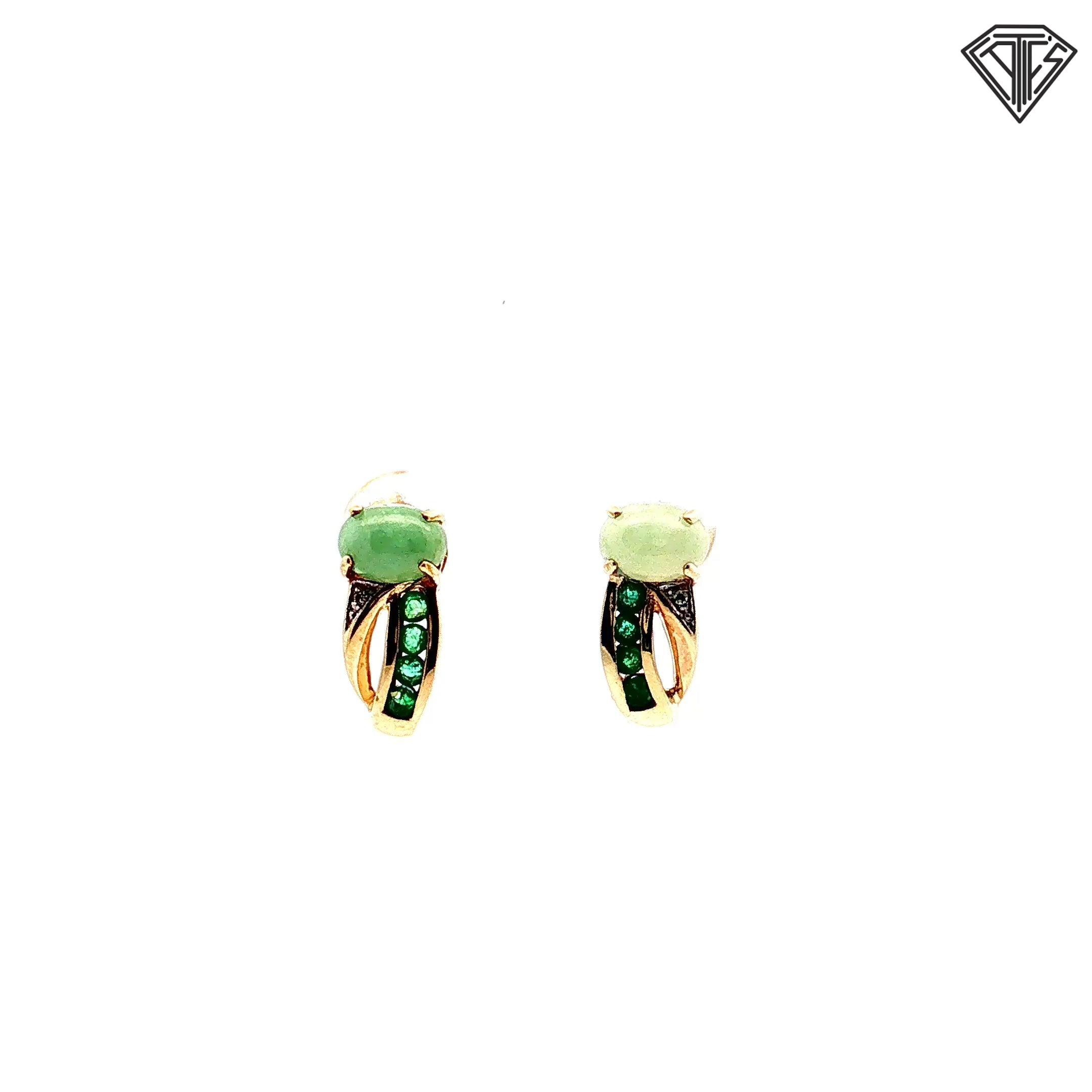14k Yellow Gold .25ct Channel Set  Round Emerald/ 6x4 Oval Jade and Round Diamond Accent Earrings
