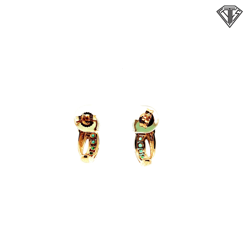 14k Yellow Gold .25ct Channel Set  Round Emerald/ 6x4 Oval Jade and Round Diamond Accent Earrings