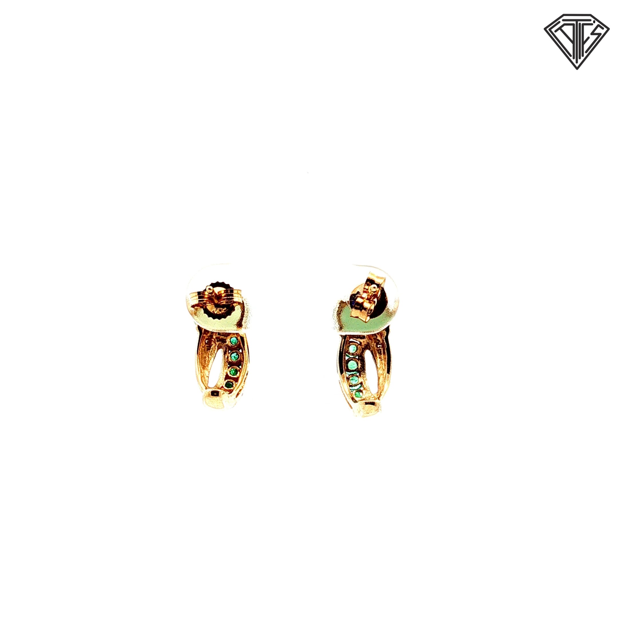 14k Yellow Gold .25ct Channel Set  Round Emerald/ 6x4 Oval Jade and Round Diamond Accent Earrings