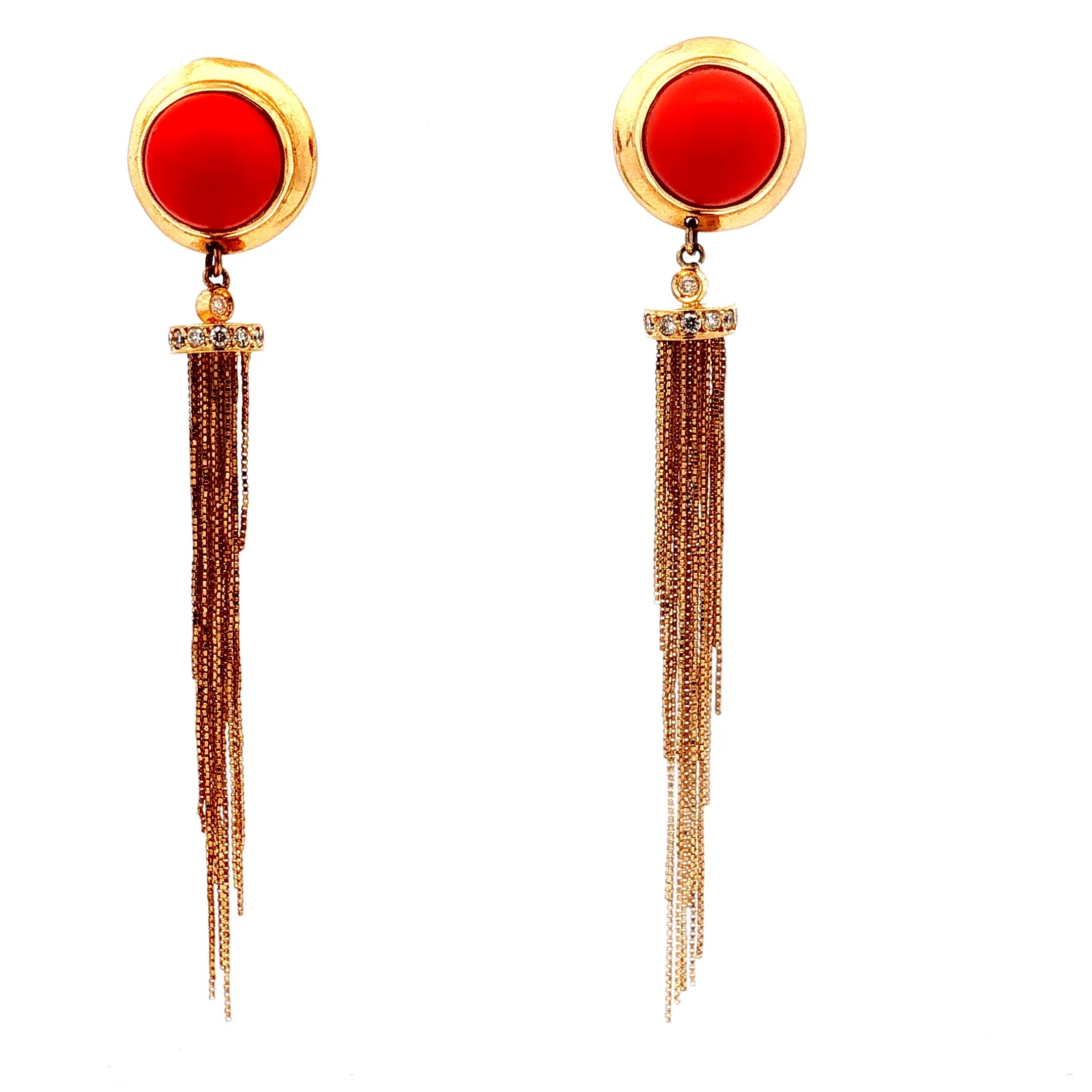 18k Yellow Gold Vintage Natural Coral Tassel and Round Diamond Earrings 2" inches Long