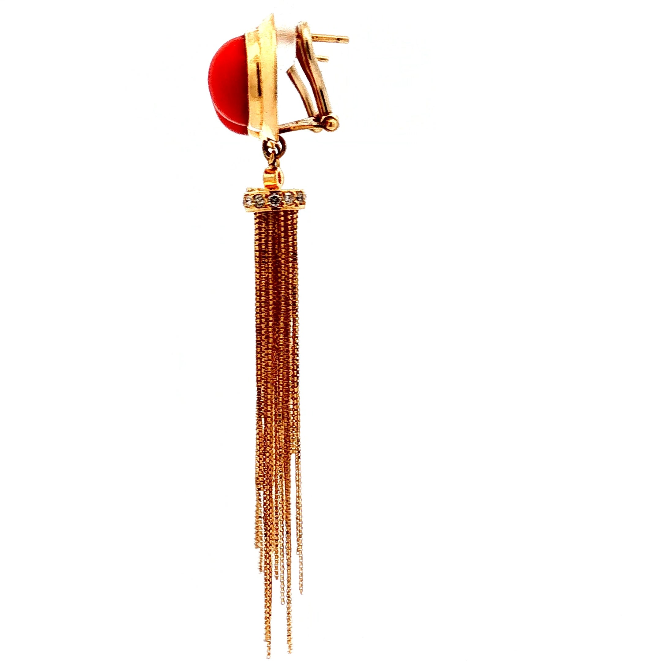 18k Yellow Gold Vintage Natural Coral Tassel and Round Diamond Earrings 2" inches Long