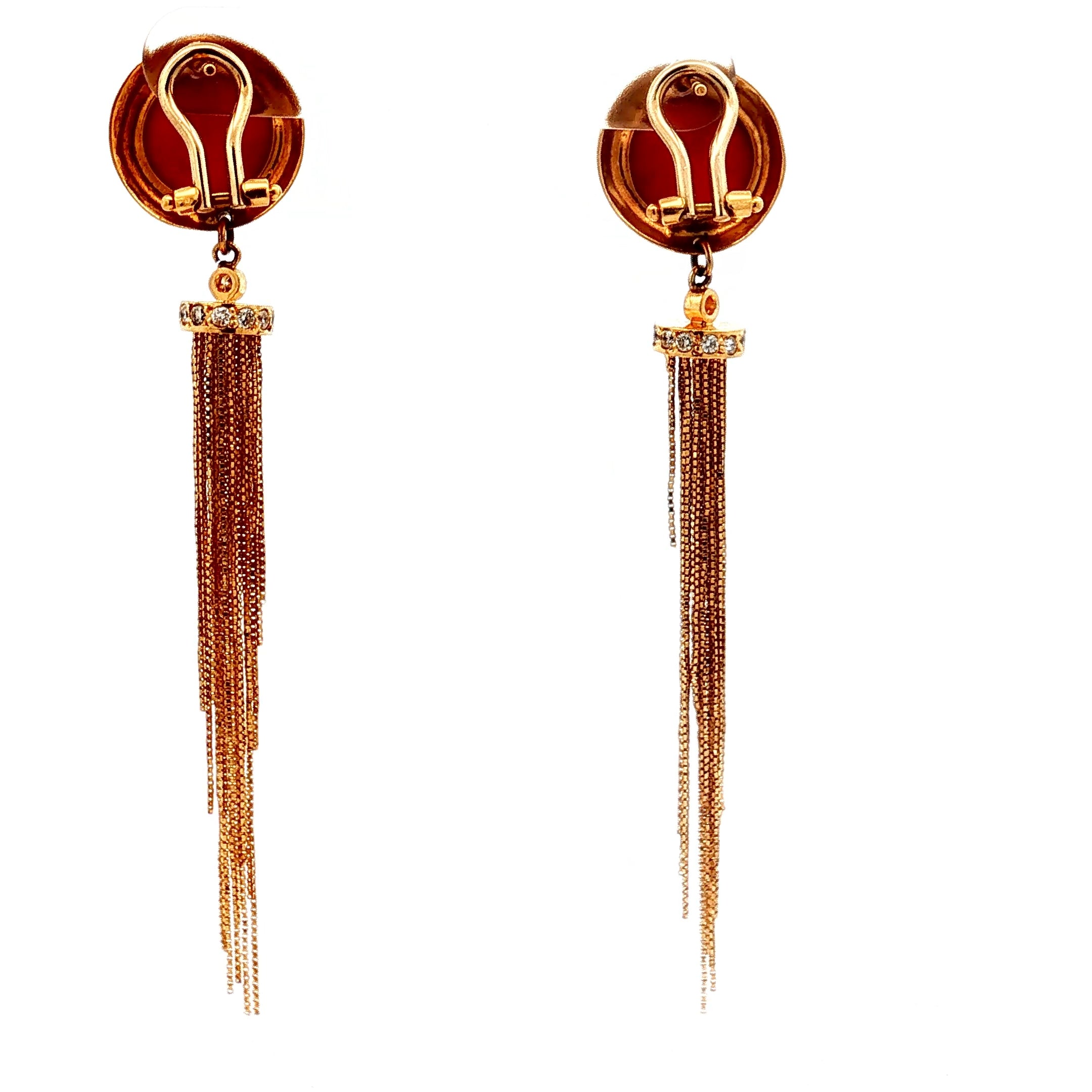 18k Yellow Gold Vintage Natural Coral Tassel and Round Diamond Earrings 2" inches Long