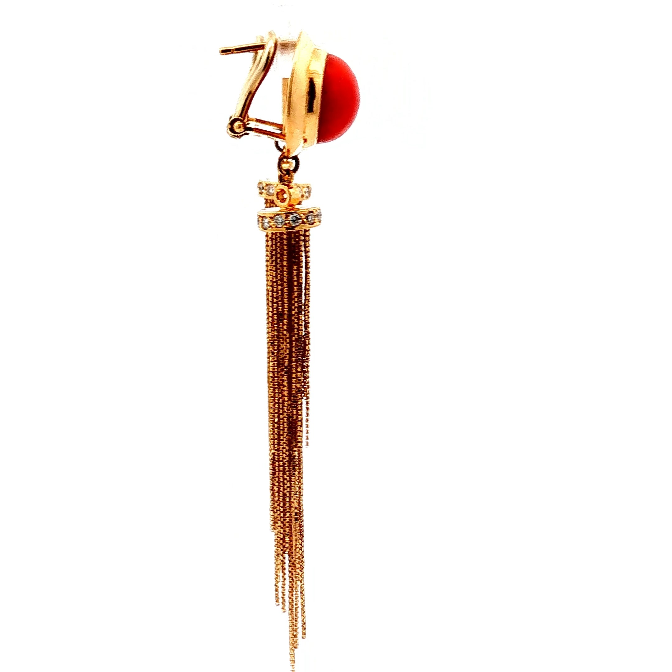 18k Yellow Gold Vintage Natural Coral Tassel and Round Diamond Earrings 2" inches Long