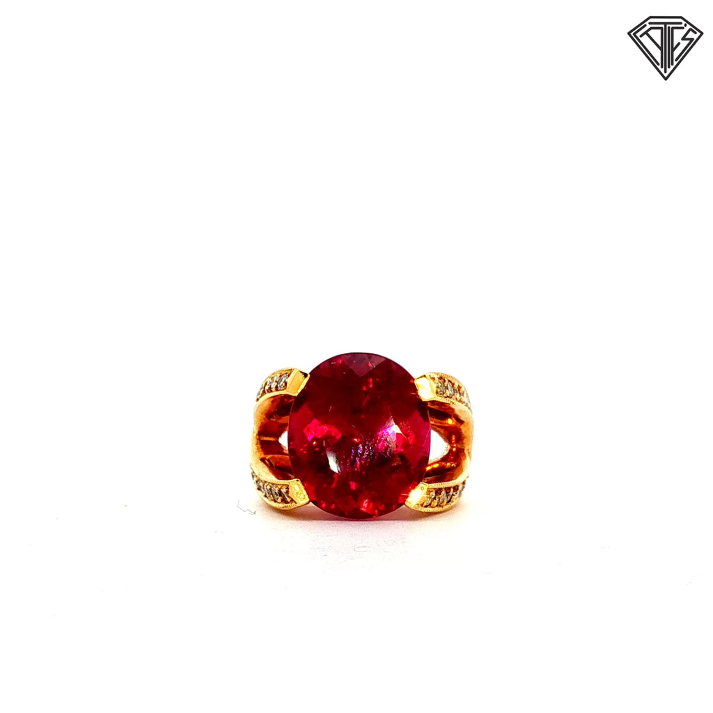 18k Yellow Gold 11.00ct Oval Rubellite Tourmaline / 1.15ct G VS2 Round Diamond Ring Size 5 Signed By Hubert