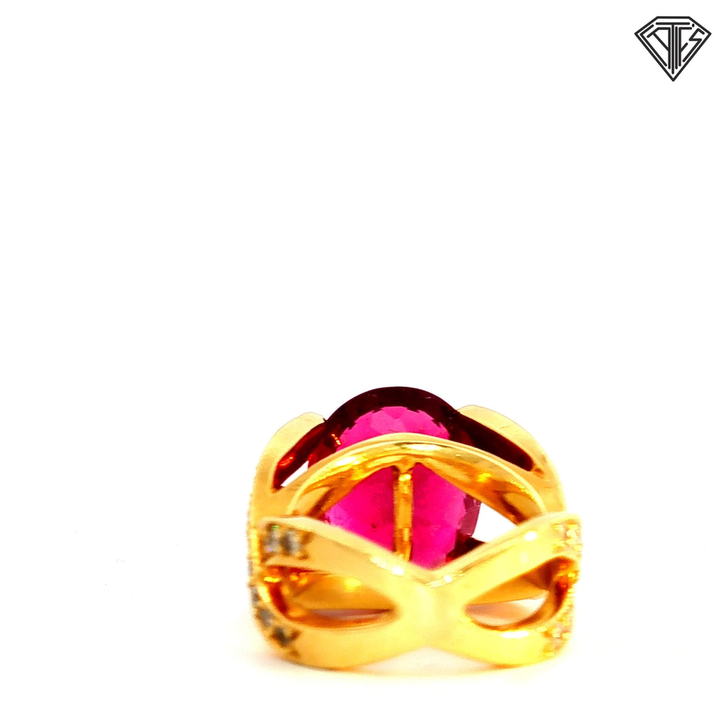 18k Yellow Gold 11.00ct Oval Rubellite Tourmaline / 1.15ct G VS2 Round Diamond Ring Size 5 Signed By Hubert