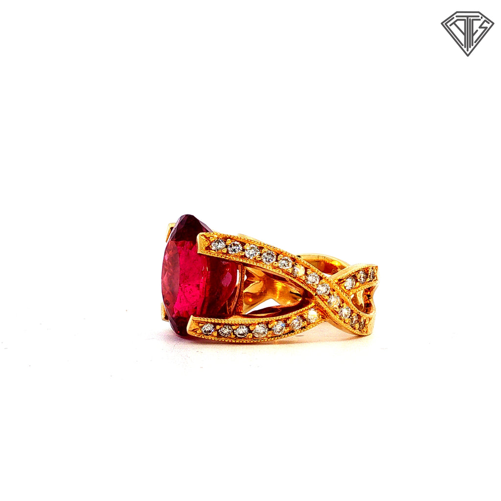 18k Yellow Gold 11.00ct Oval Rubellite Tourmaline / 1.15ct G VS2 Round Diamond Ring Size 5 Signed By Hubert