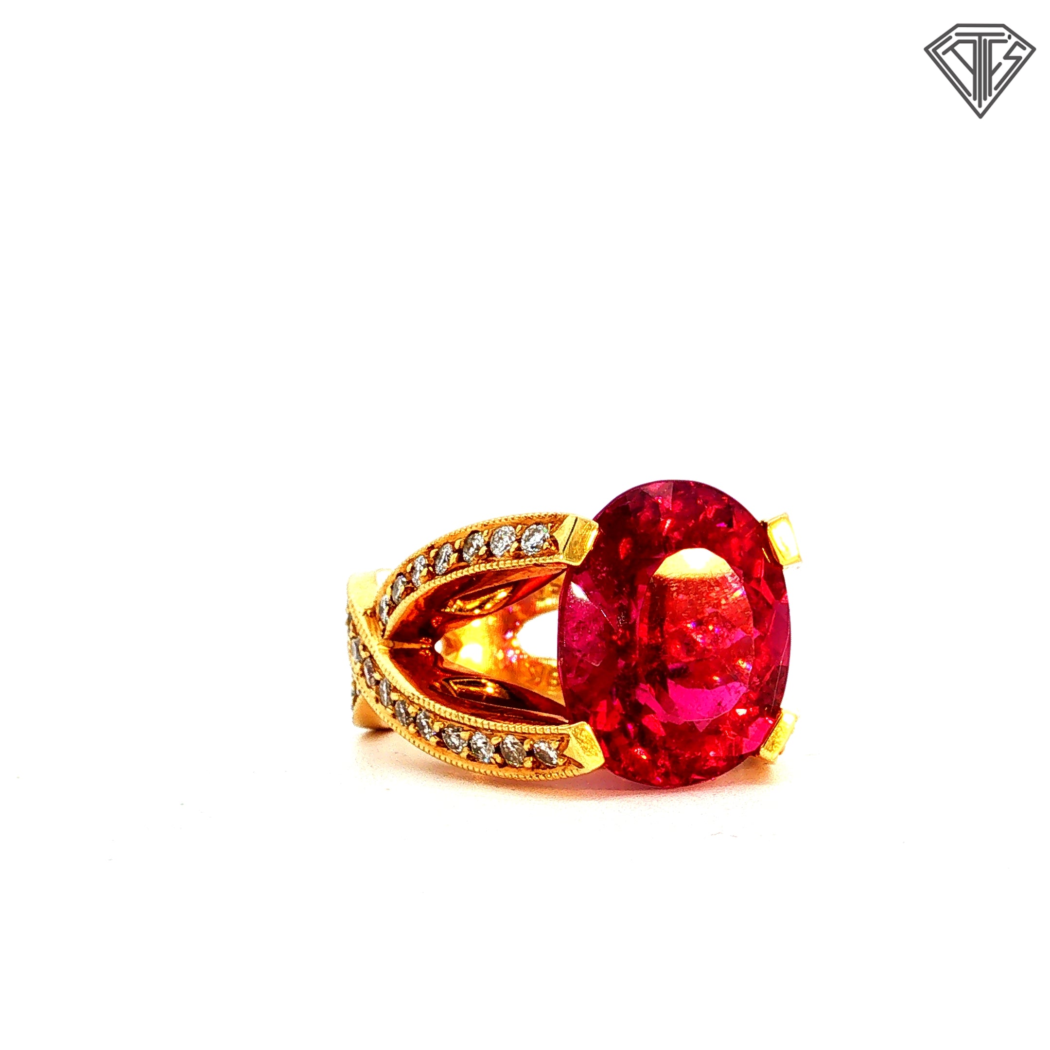 18k Yellow Gold 11.00ct Oval Rubellite Tourmaline / 1.15ct G VS2 Round Diamond Ring Size 5 Signed By Hubert