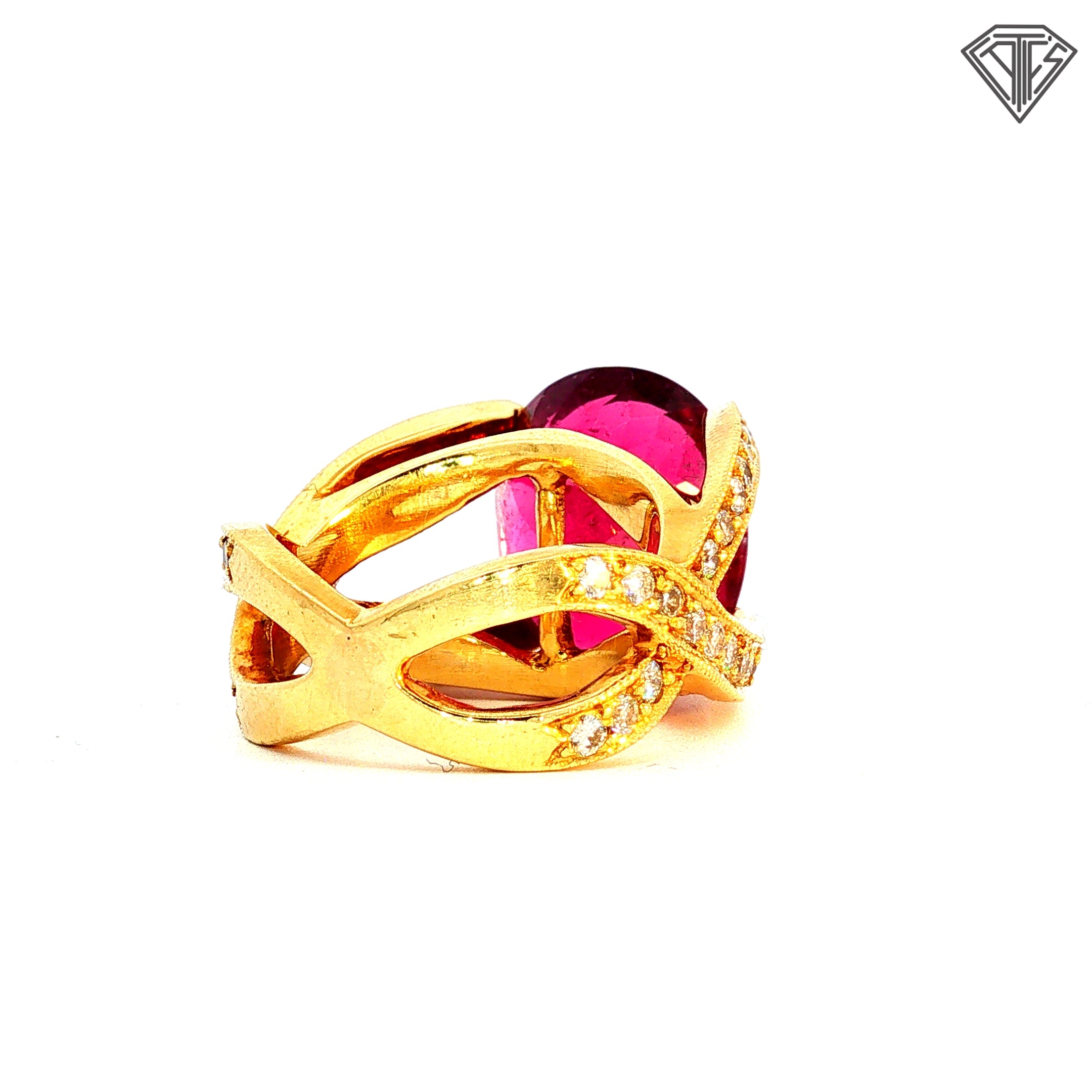 18k Yellow Gold 11.00ct Oval Rubellite Tourmaline / 1.15ct G VS2 Round Diamond Ring Size 5 Signed By Hubert