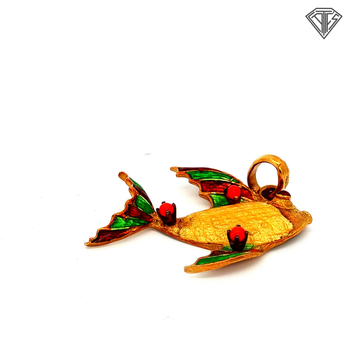 18k Yellow Gold Italian Fish with Enamel and Coral Accents  6 gram /Stamped 247VI