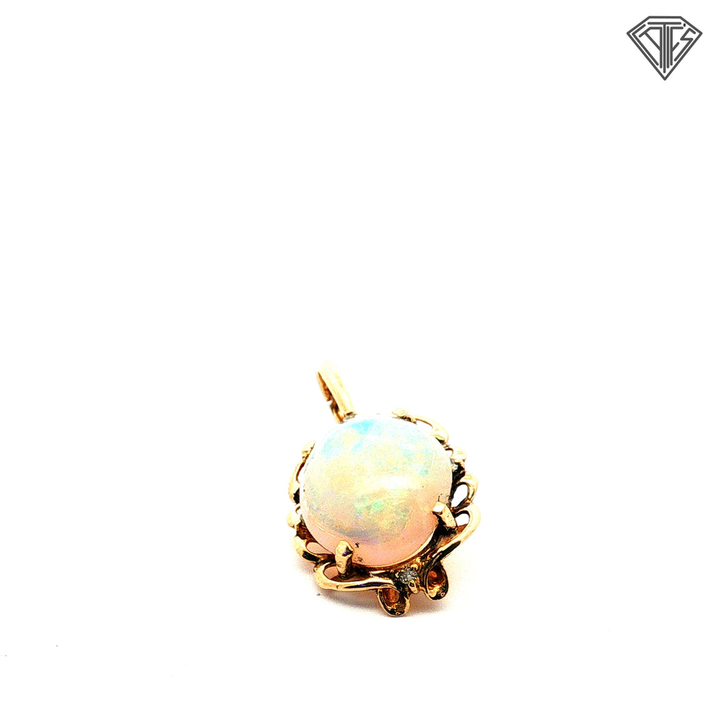 14k Yellow Gold 3.80ct Oval Shape Ethiopian Opal/ .02ct Round Diamond Ornate Opal Pendant