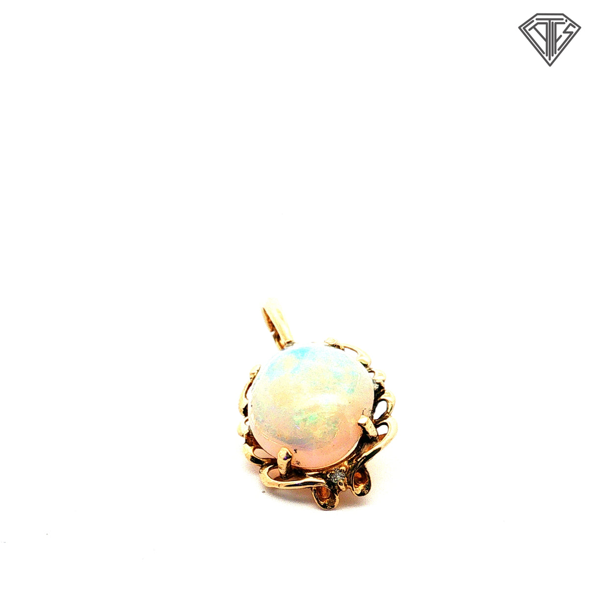 14k Yellow Gold 3.80ct Oval Shape Ethiopian Opal/ .02ct Round Diamond Ornate Opal Pendant