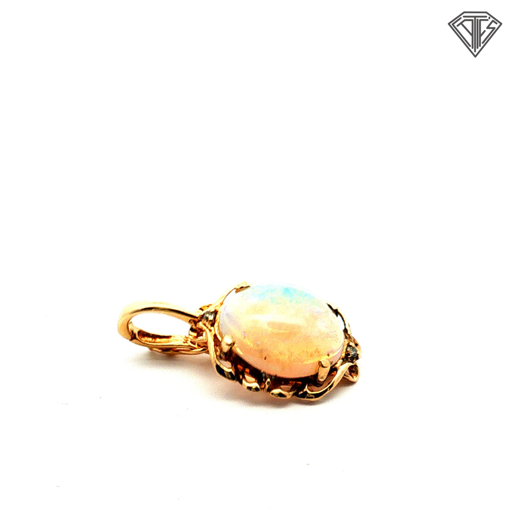 14k Yellow Gold 3.80ct Oval Shape Ethiopian Opal/ .02ct Round Diamond Ornate Opal Pendant