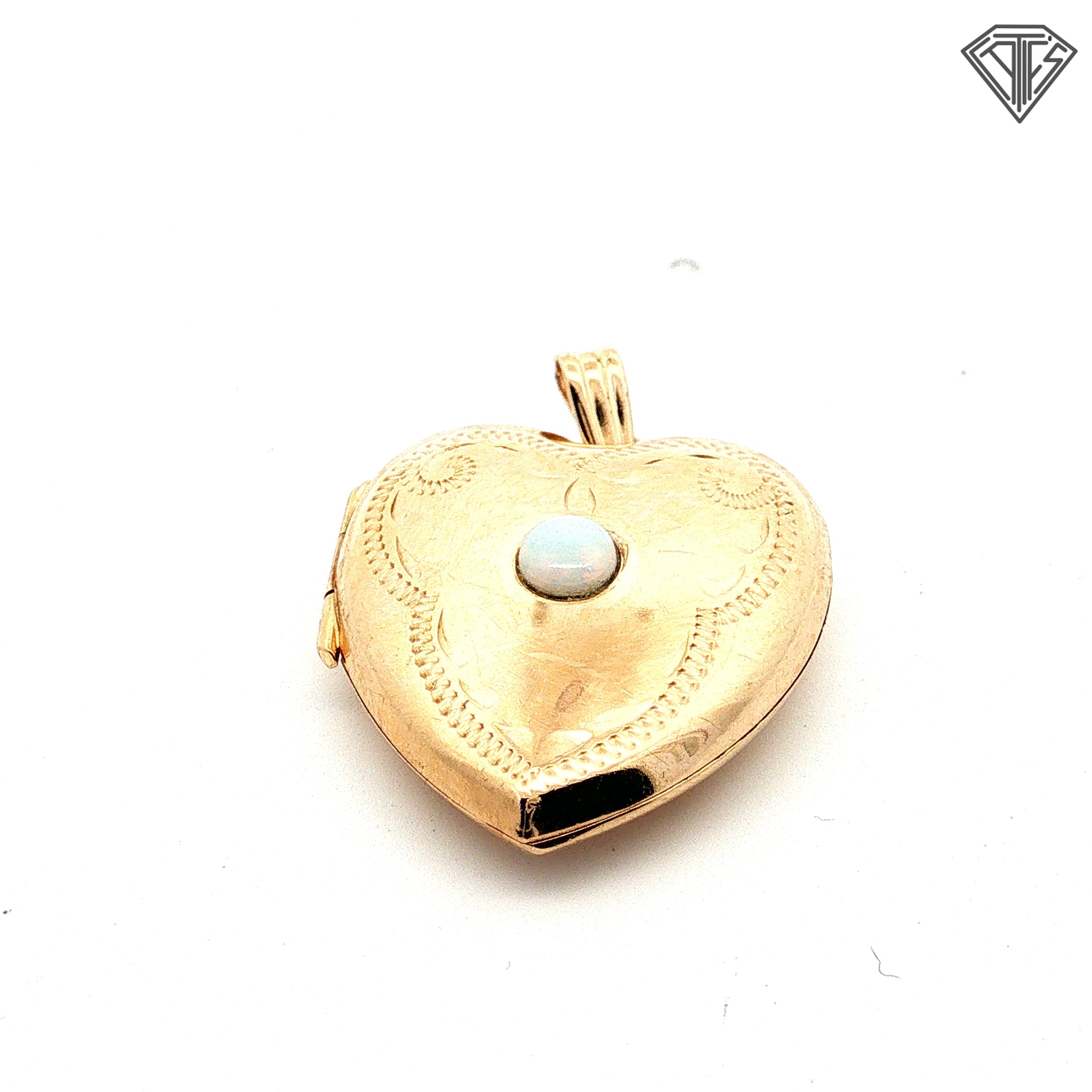 10k Yellow Gold Vintage Heart Locket Pendant / Hand -Engraved Floral and Scroll Motif with White Cabochon Accent / The Locket Open to Hold Two Photographs or Keepsakes 3.00 gram