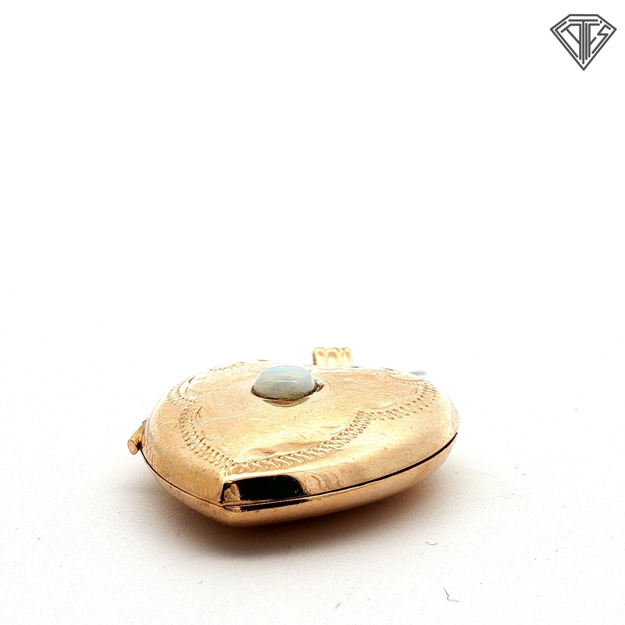 10k Yellow Gold Vintage Heart Locket Pendant / Hand -Engraved Floral and Scroll Motif with White Cabochon Accent / The Locket Open to Hold Two Photographs or Keepsakes 3.00 gram