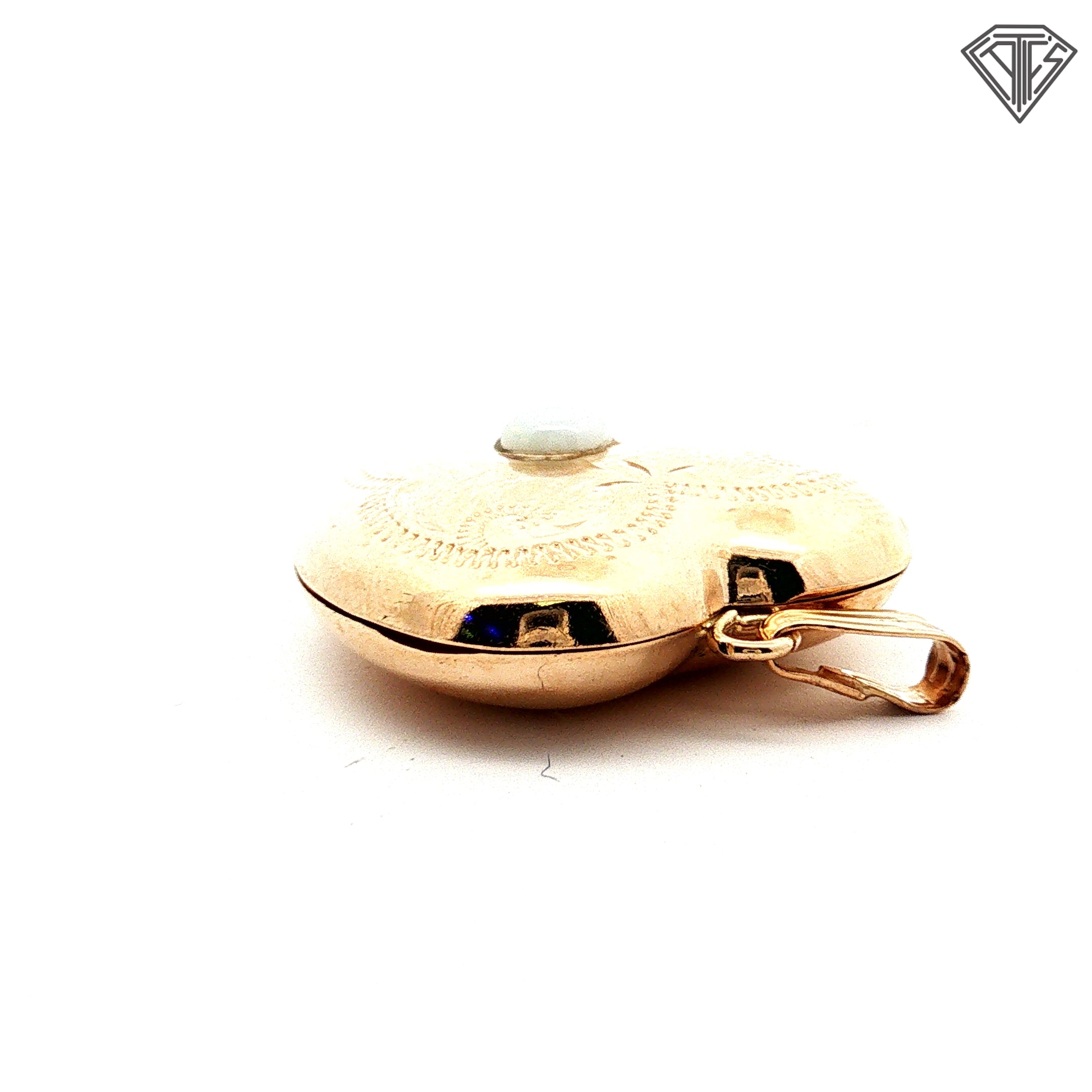 10k Yellow Gold Vintage Heart Locket Pendant / Hand -Engraved Floral and Scroll Motif with White Cabochon Accent / The Locket Open to Hold Two Photographs or Keepsakes 3.00 gram