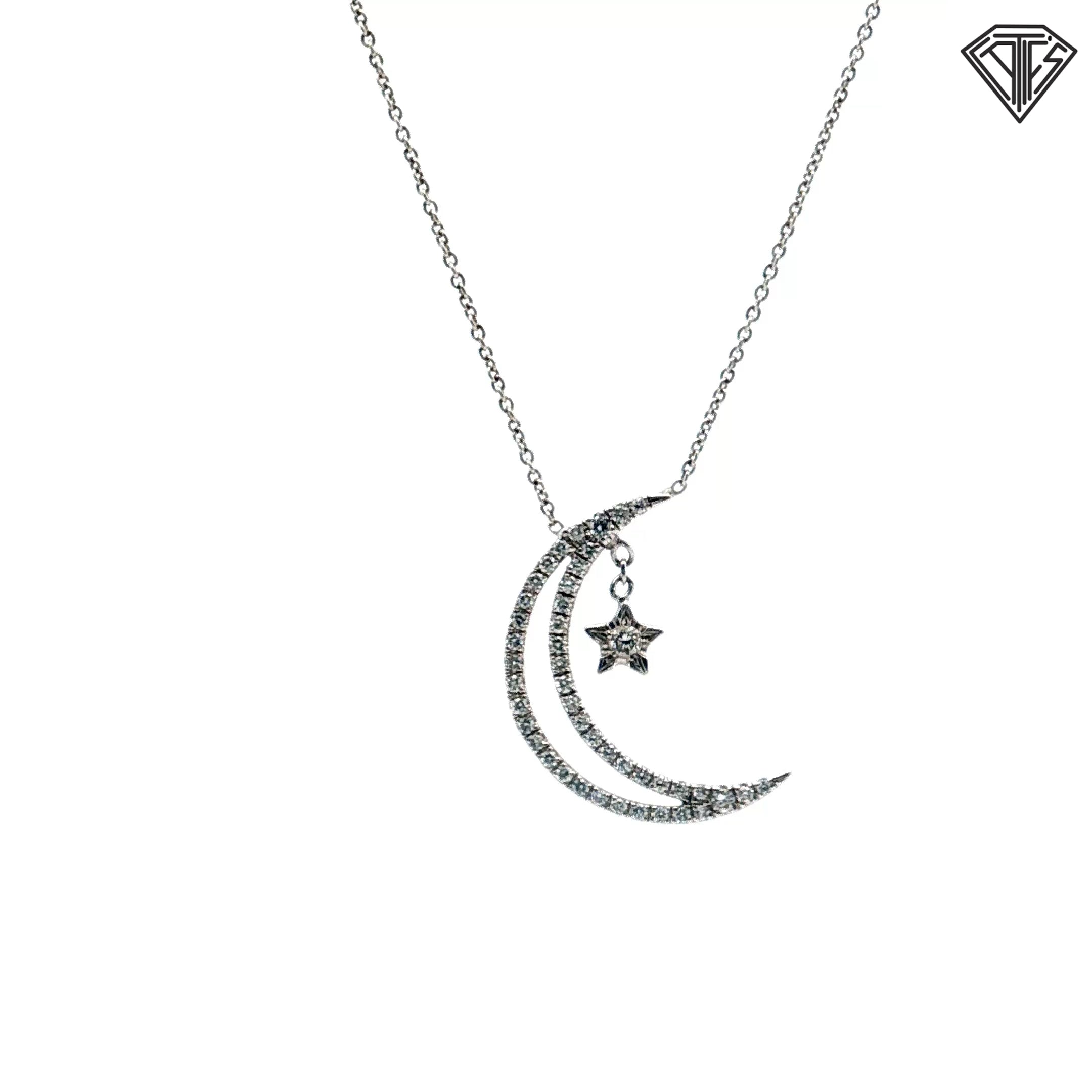 18k White Gold .27ct Round Diamond Crescent Moon & Star Pendant Necklace 20" inch Design By Roberto Coin
