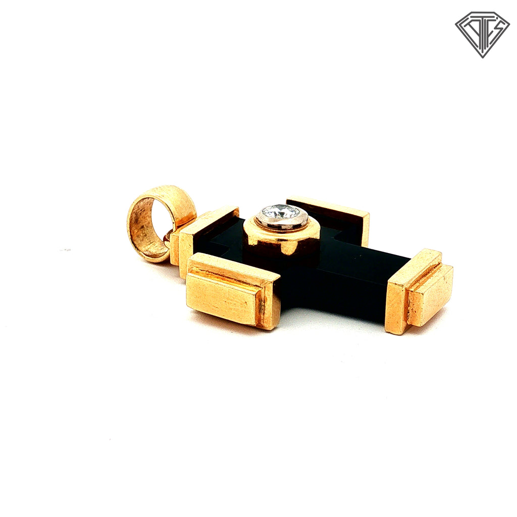 18k Yellow Gold .40ct F VS1 Round Diamond/ Onyx Design Cross 16.3 gram