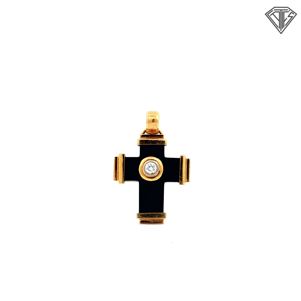 18k Yellow Gold .40ct F VS1 Round Diamond/ Onyx Design Cross 16.3 gram