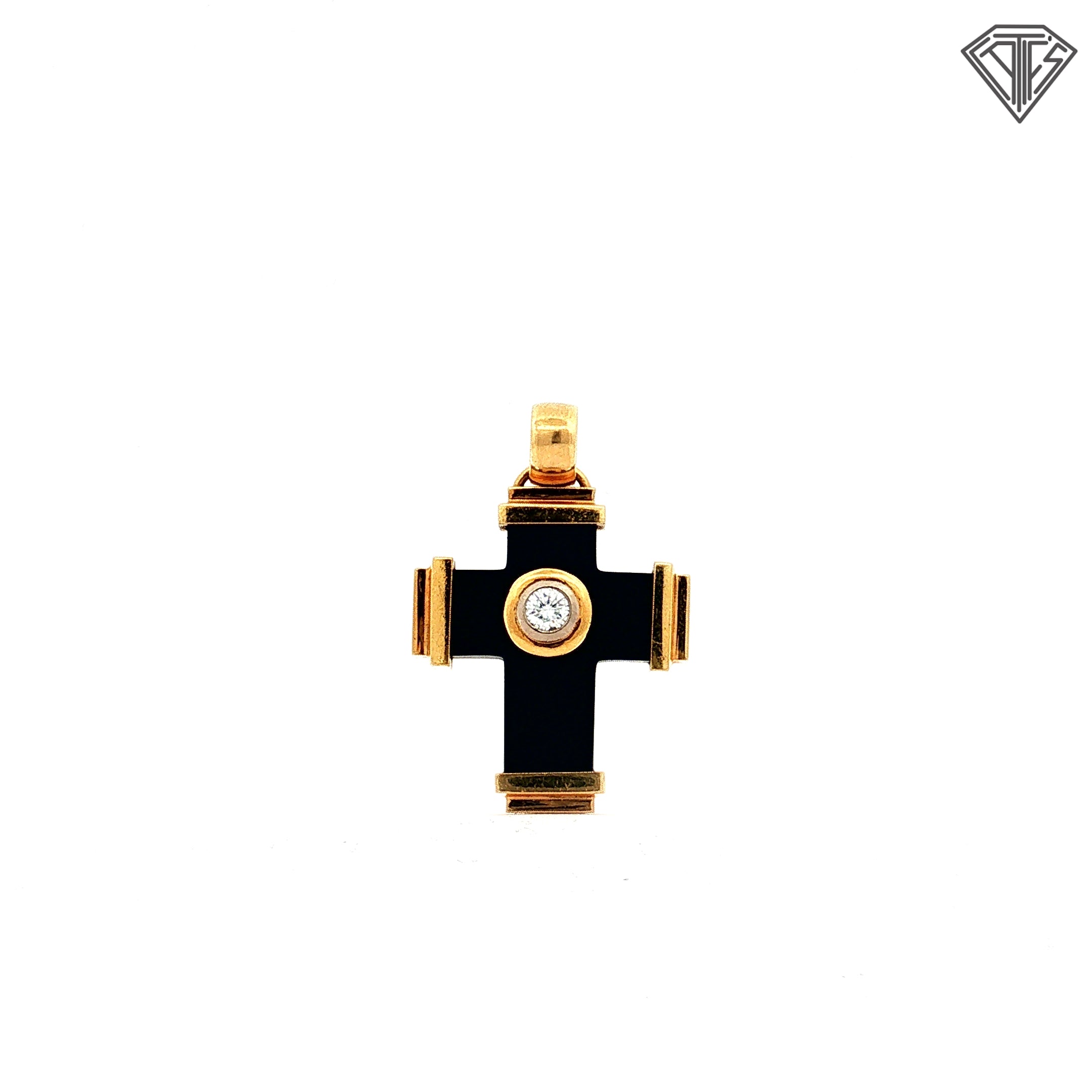 18k Yellow Gold .40ct F VS1 Round Diamond/ Onyx Design Cross 16.3 gram