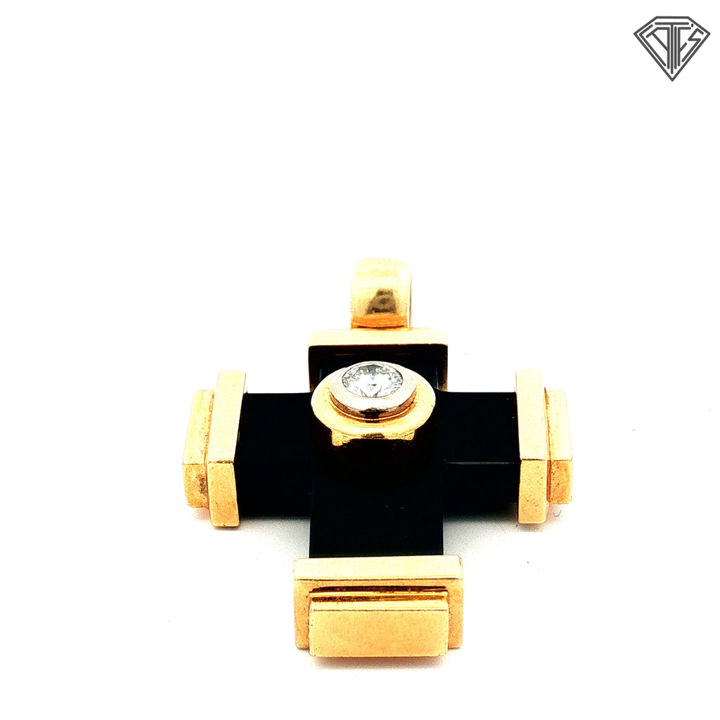 18k Yellow Gold .40ct F VS1 Round Diamond/ Onyx Design Cross 16.3 gram