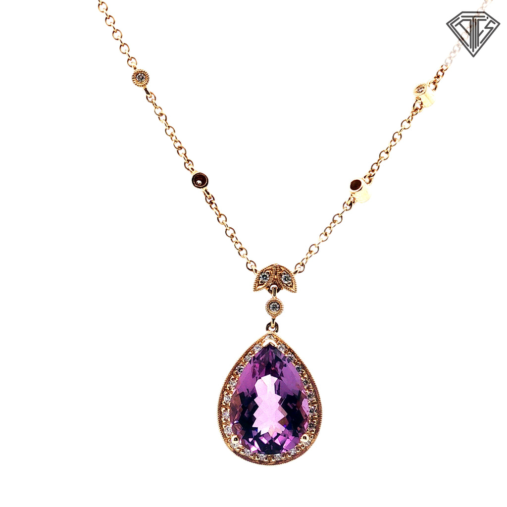 14k Yellow Gold 11.00ct Pear Shape Amethyst / .33ct G SI1 Round Diamond Pendant 18" inch