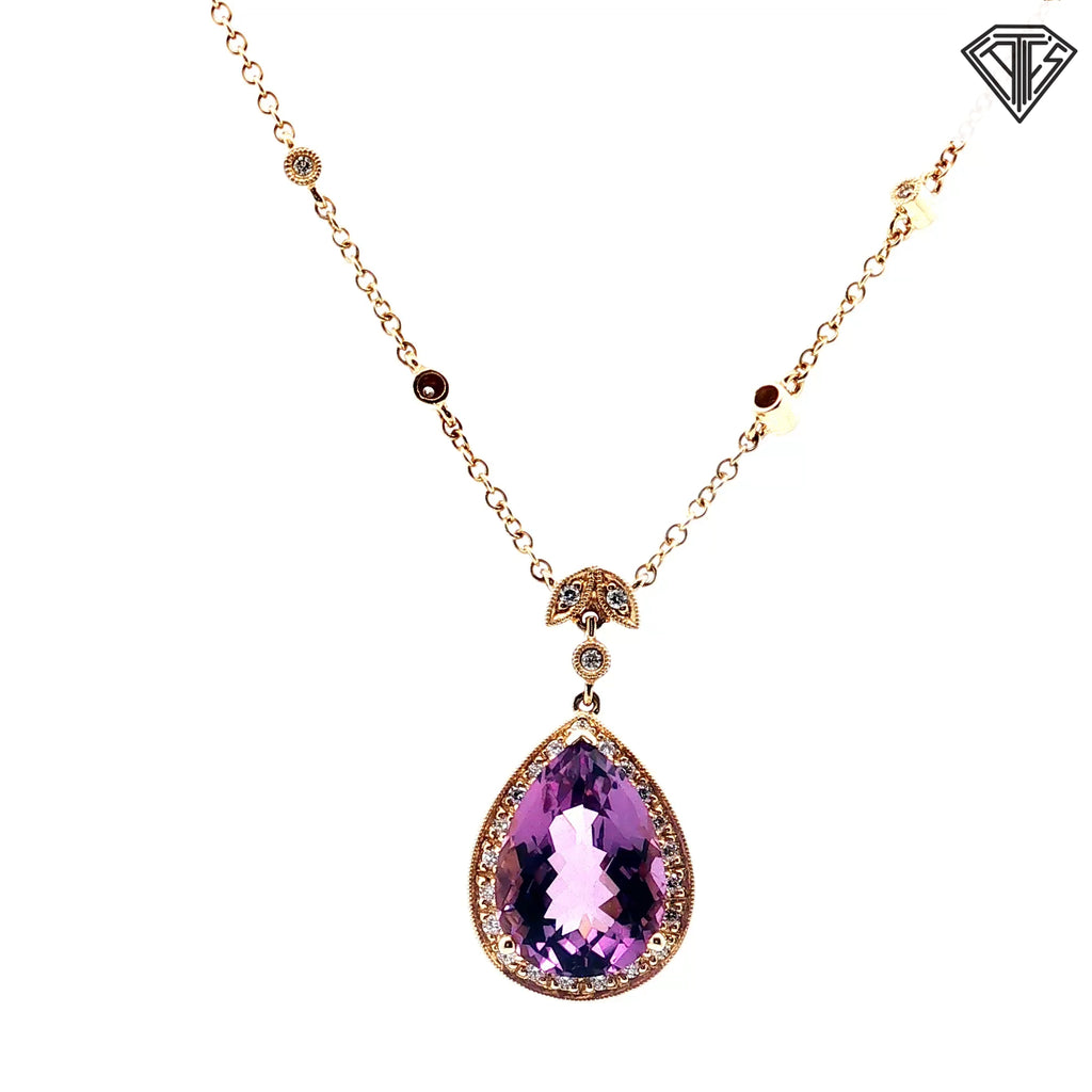 14k Yellow Gold 11.00ct Pear Shape Amethyst / .33ct G SI1 Round Diamond Pendant 18" inch