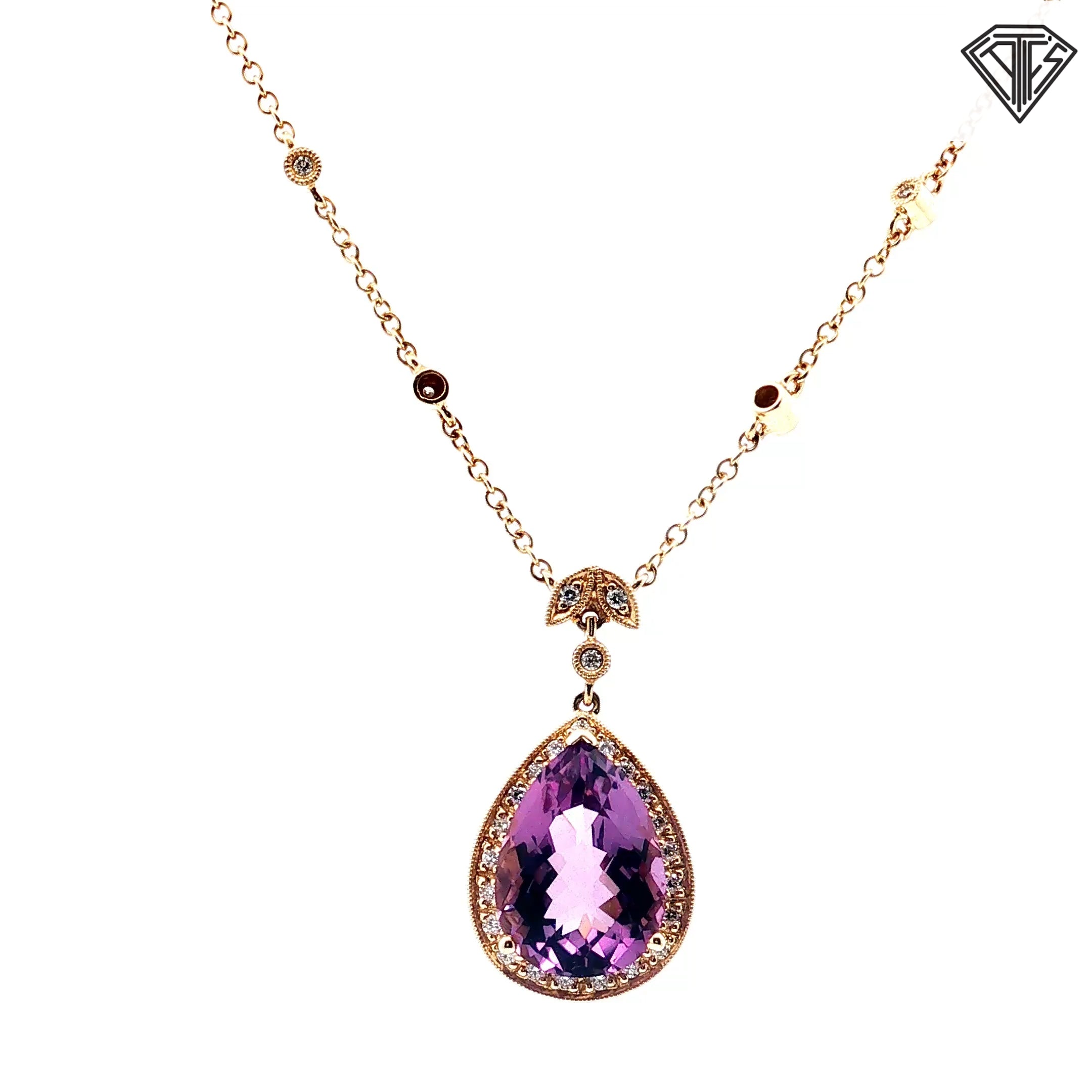 14k Yellow Gold 11.00ct Pear Shape Amethyst / .33ct G SI1 Round Diamond Pendant 18" inch